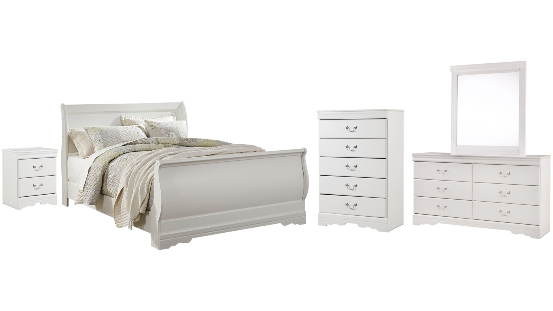 Anarasia Queen Sleigh Bed with Mirrored Dresser, Chest and Nightstand