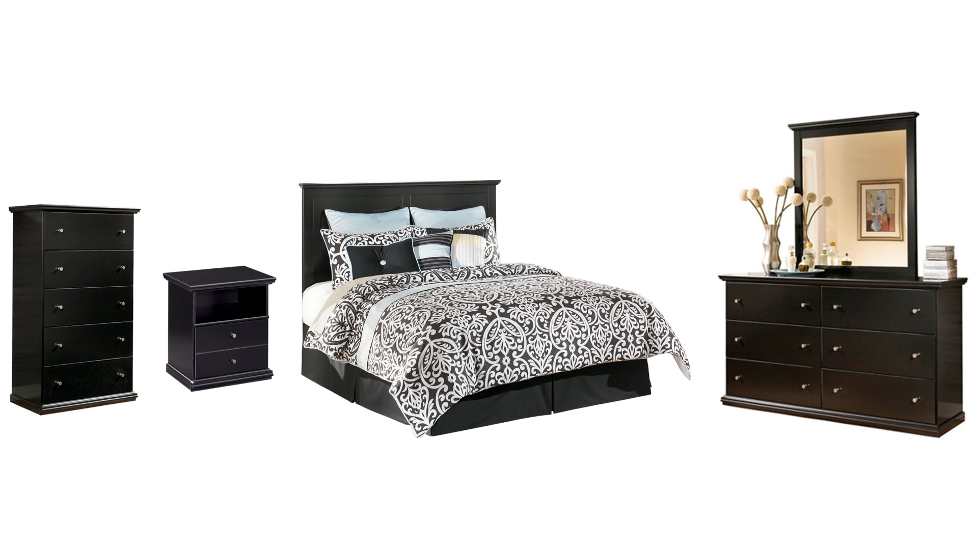 Maribel King/California King Panel Headboard Bed with Mirrored Dresser, Chest and Nightstand