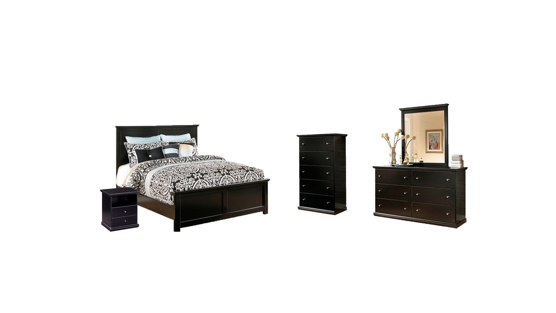 Maribel Queen Panel Bed with Mirrored Dresser, Chest and Nightstand