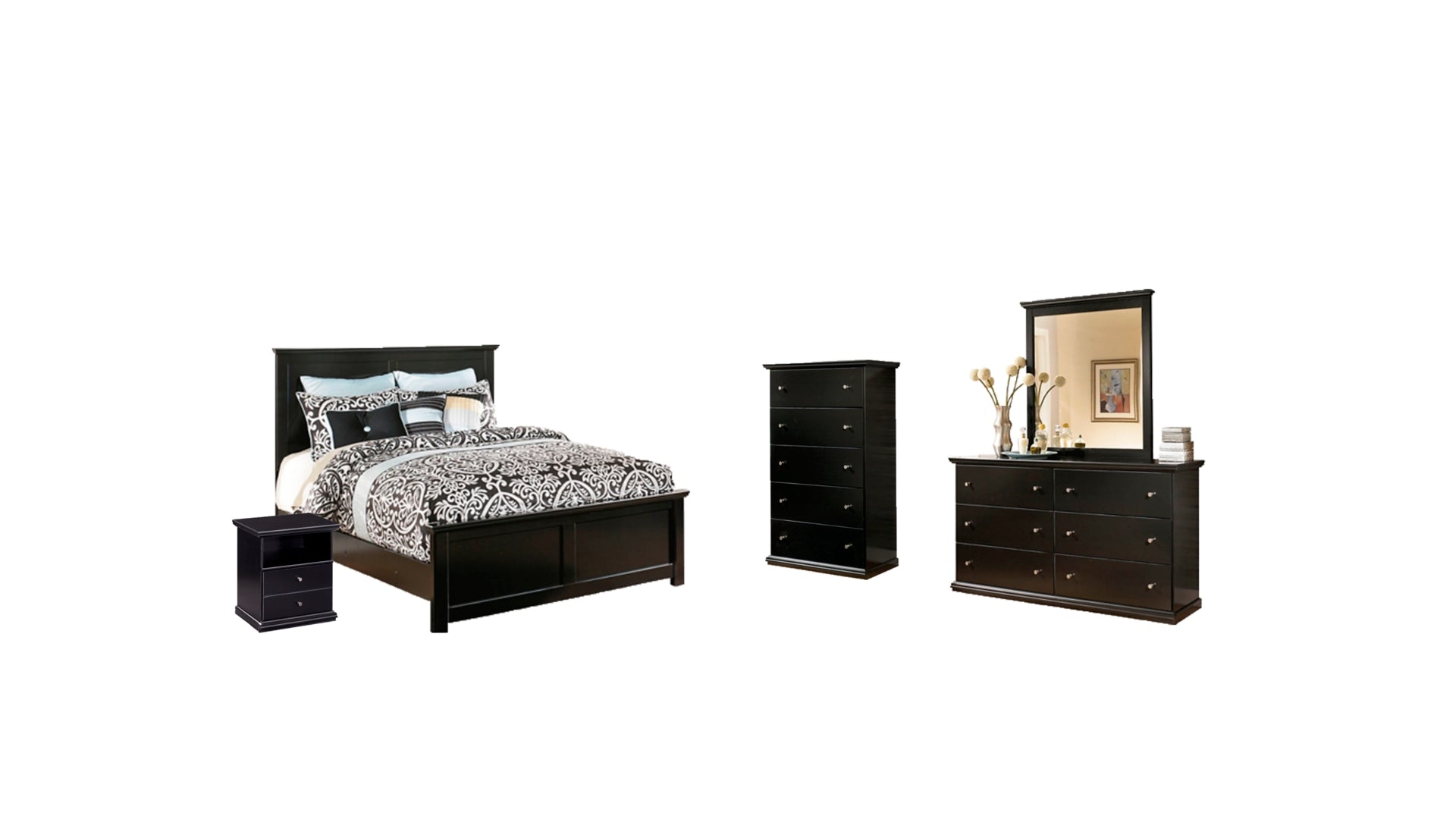 Maribel King Panel Bed with Mirrored Dresser, Chest and Nightstand