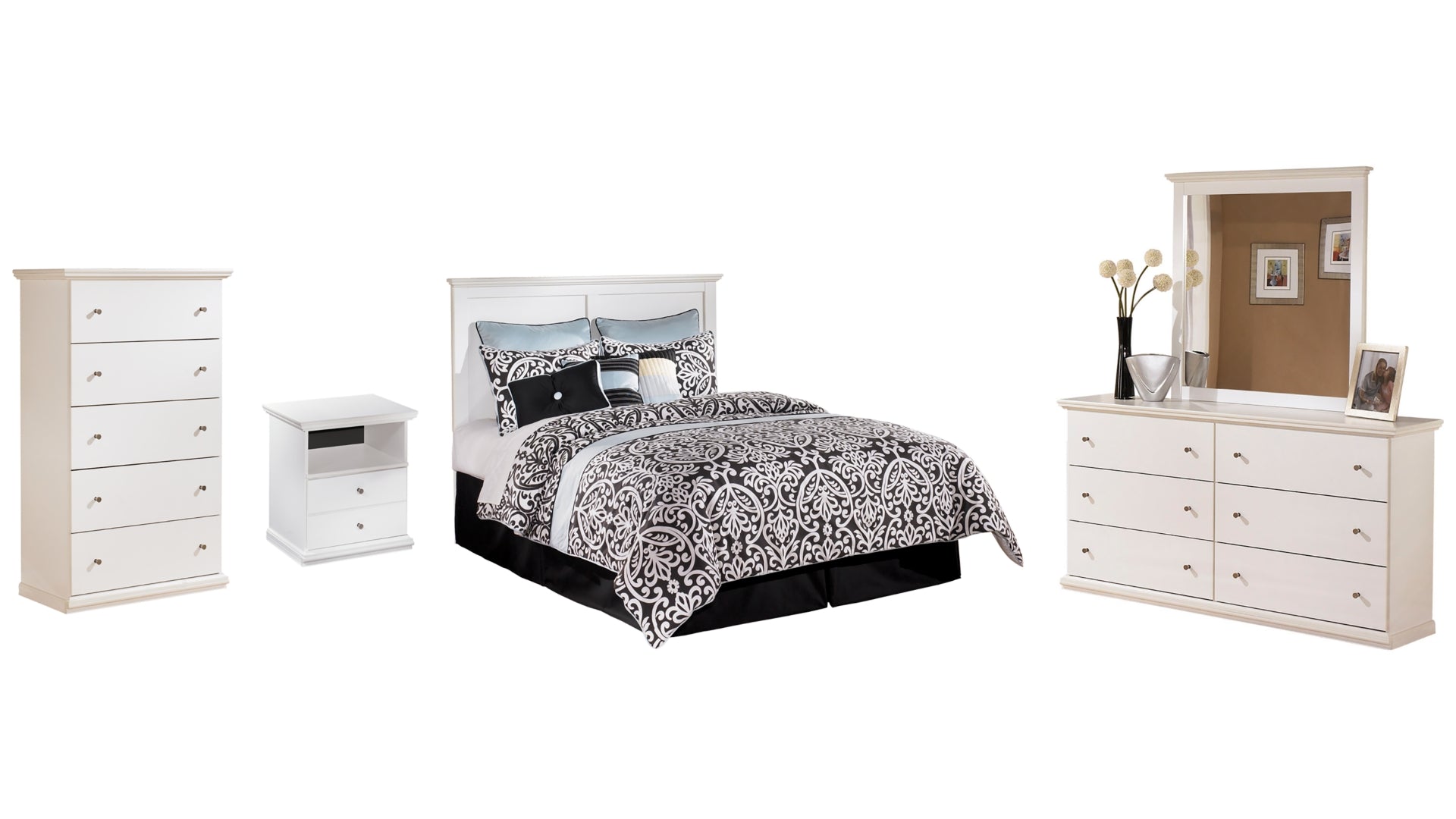 Bostwick Shoals Queen/Full Panel Headboard Bed with Mirrored Dresser, Chest and Nightstand