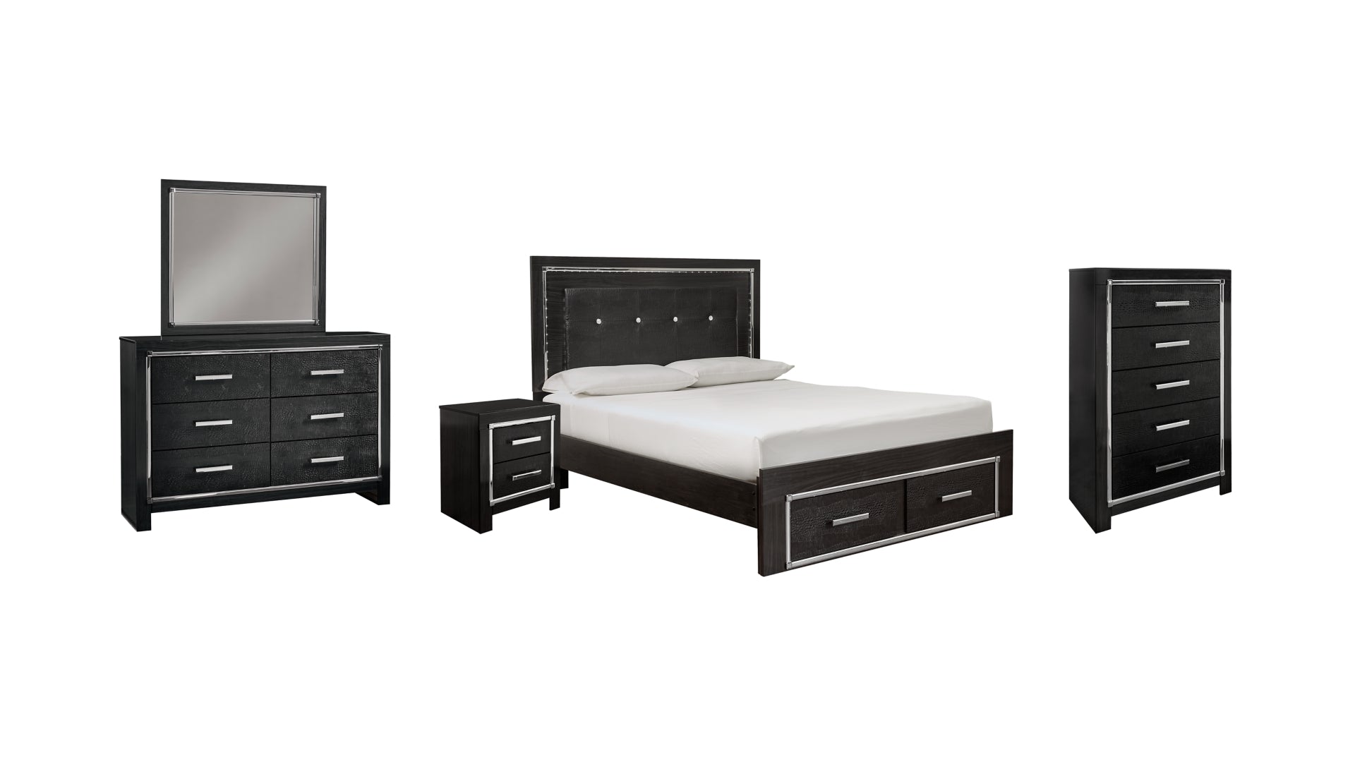 Kaydell Queen Panel Bed with Storage with Mirrored Dresser, Chest and Nightstand