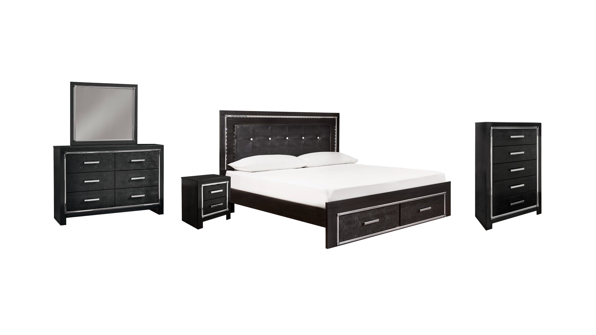 Kaydell King Panel Bed with Storage with Mirrored Dresser, Chest and Nightstand