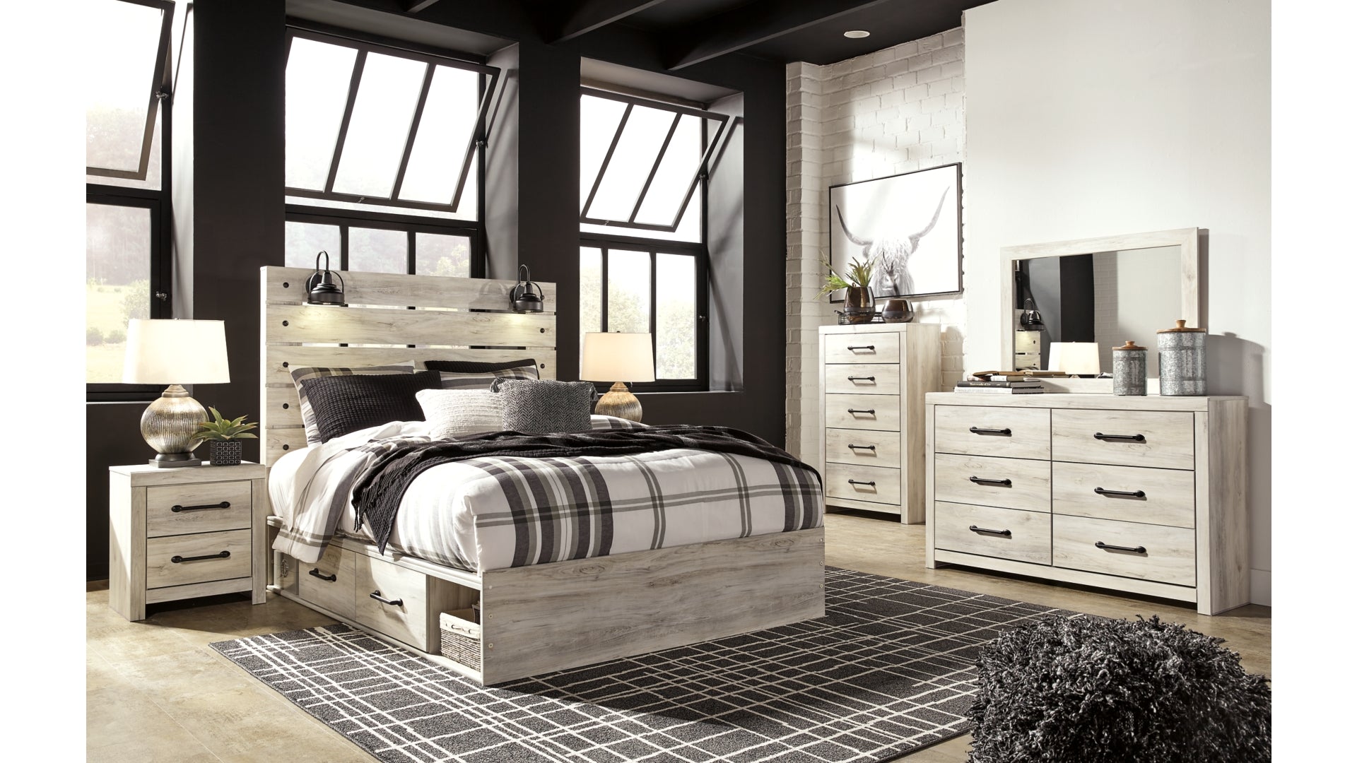 Cambeck Queen Panel Bed with 2 Storage Drawers with Mirrored Dresser, Chest and Nightstand