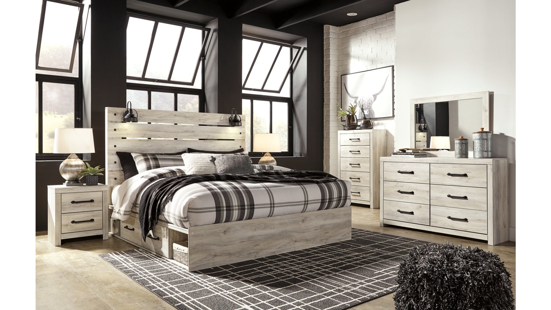 Cambeck King Panel Bed with 4 Storage Drawers with Mirrored Dresser, Chest and Nightstand