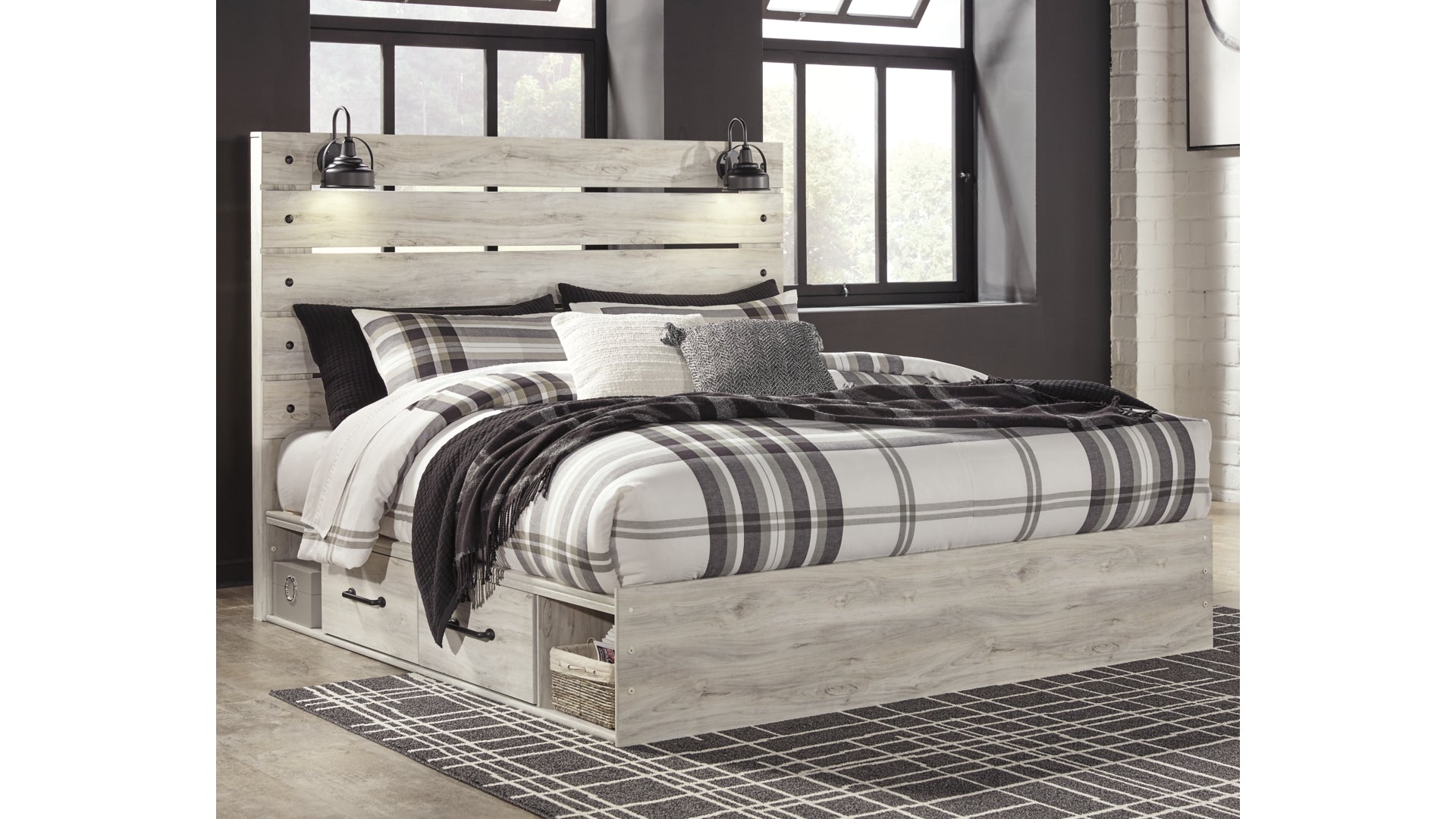 Cambeck King Panel Bed with 2 Storage Drawers with Mirrored Dresser, Chest and Nightstand