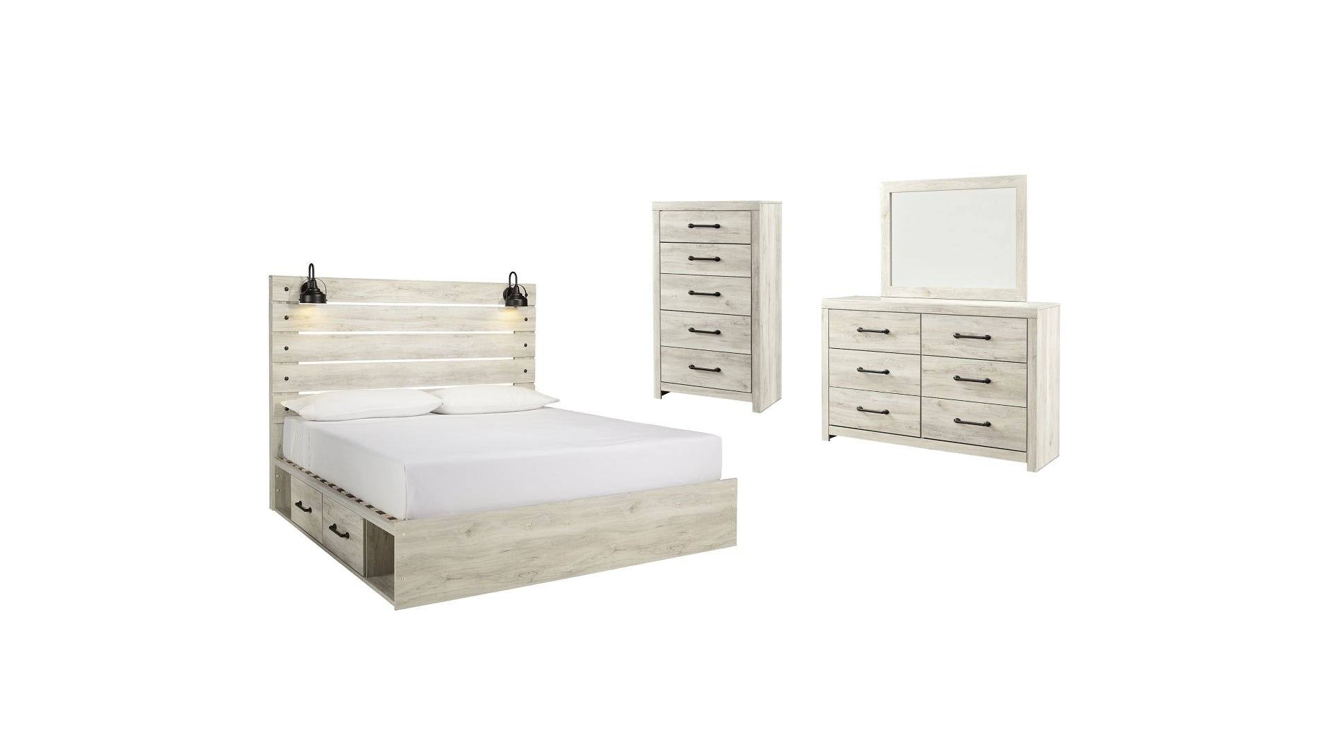 Cambeck King Panel Bed with 2 Storage Drawers with Mirrored Dresser, Chest and Nightstand