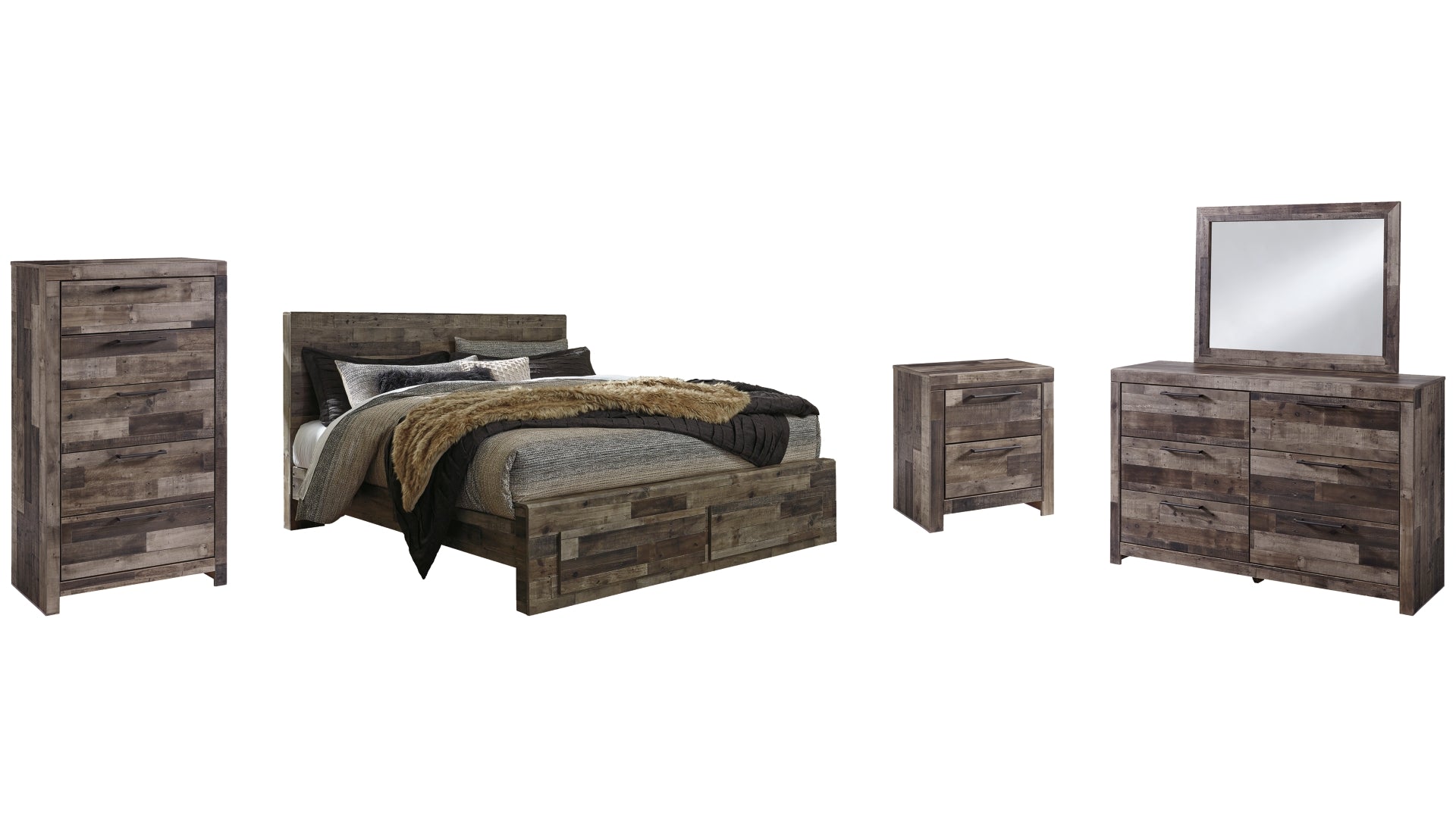 Derekson King Panel Bed with 2 Storage Drawers with Mirrored Dresser, Chest and Nightstand