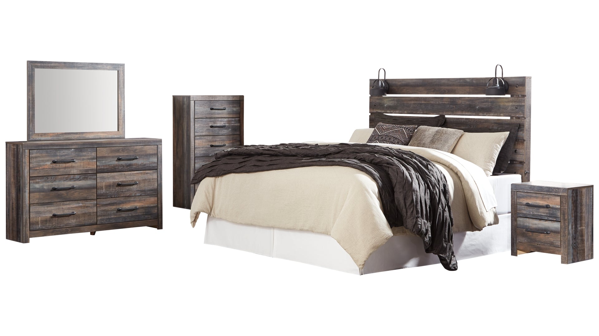 Drystan King Panel Headboard Bed with Mirrored Dresser, Chest and Nightstand