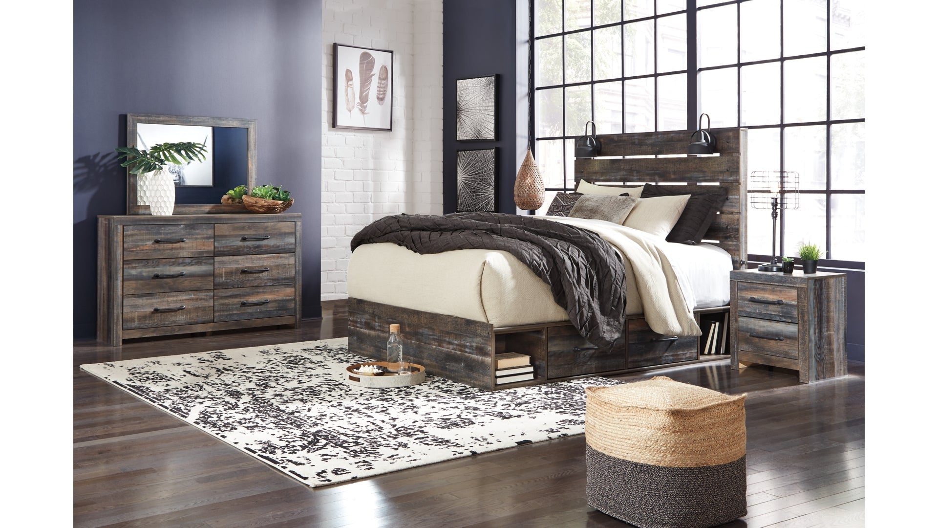 Drystan King Panel Bed with 4 Storage Drawers with Mirrored Dresser, Chest and Nightstand