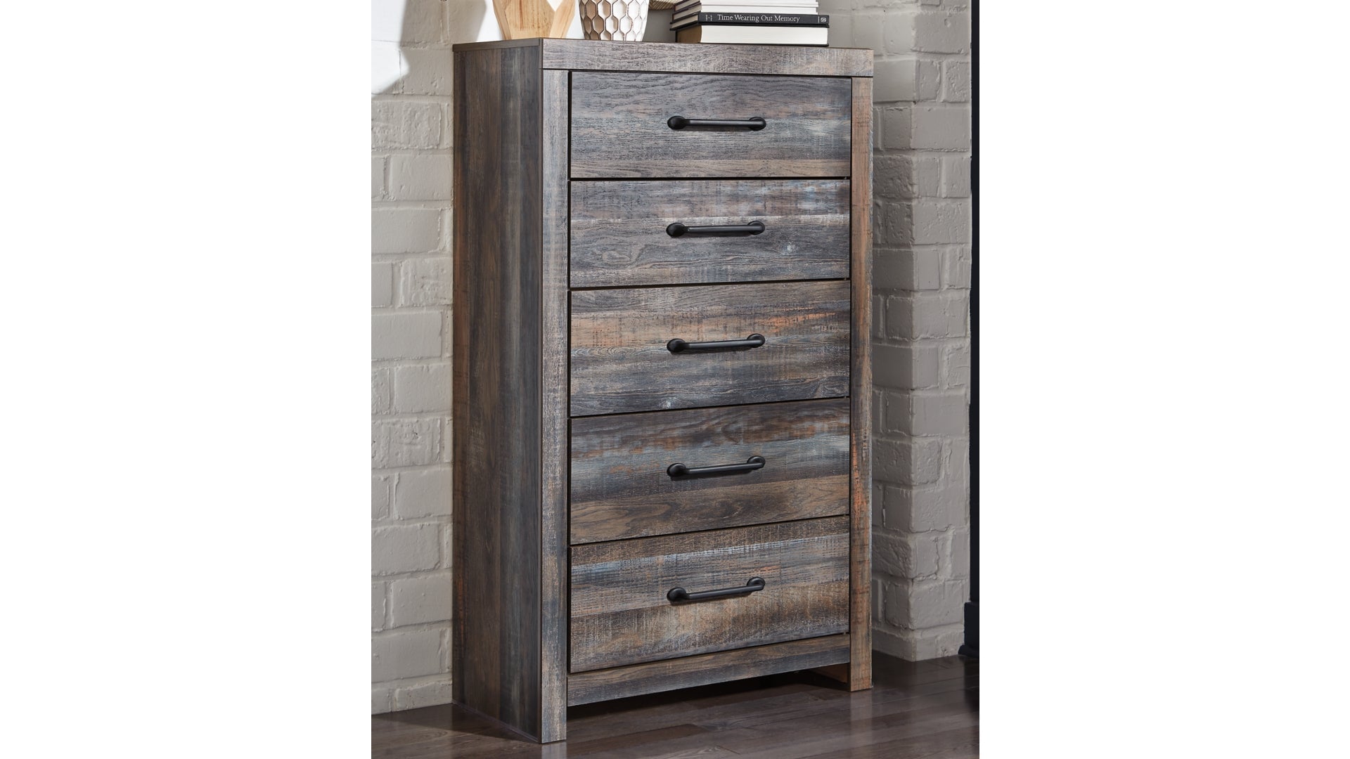 Drystan King Panel Bed with 2 Storage Drawers with Mirrored Dresser, Chest and Nightstand