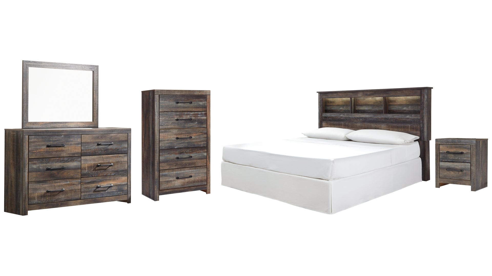 Drystan King/California King Bookcase Headboard Bed with Mirrored Dresser, Chest and Nightstand