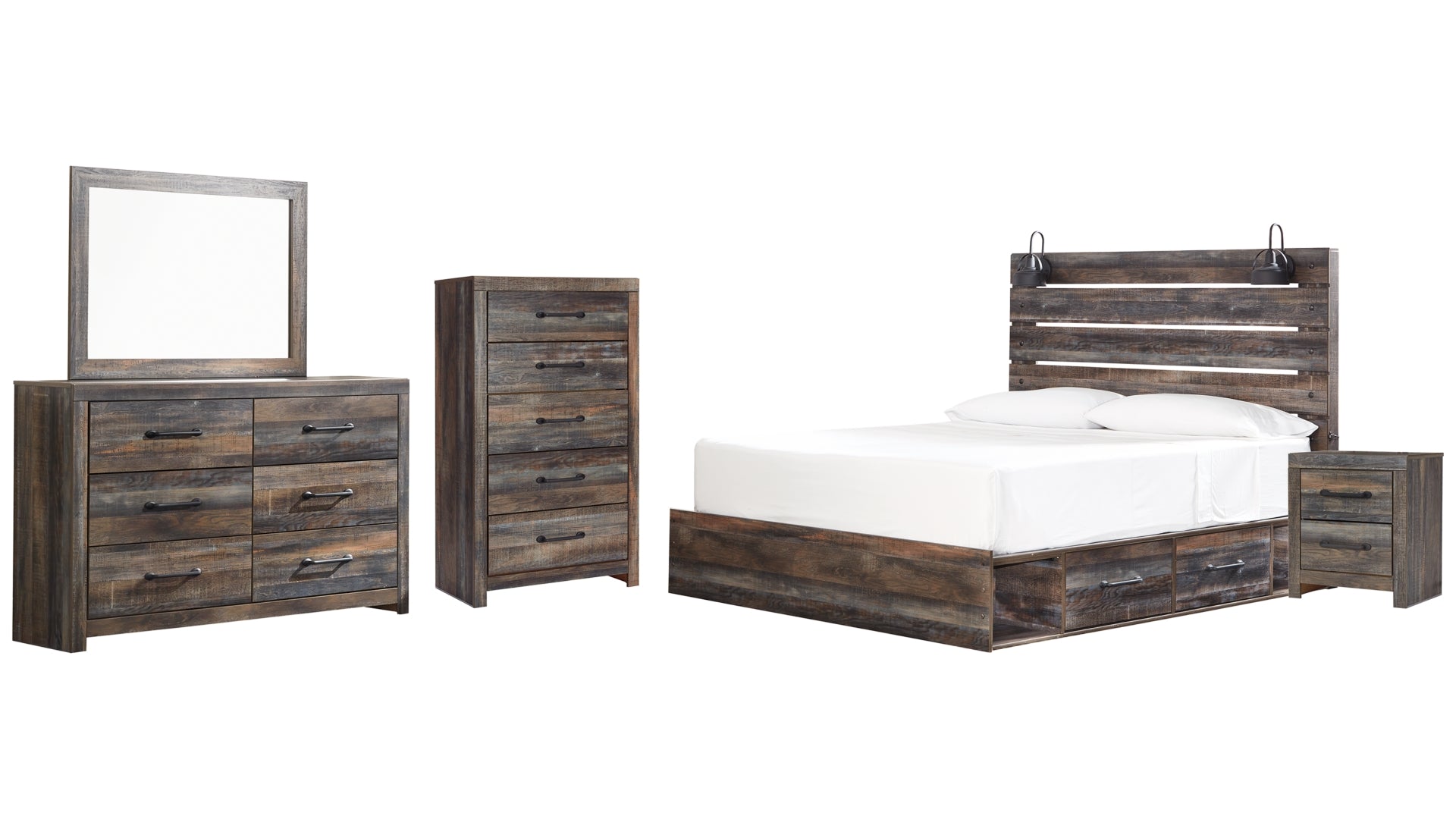 Drystan King Panel Bed with 2 Storage Drawers with Mirrored Dresser, Chest and Nightstand