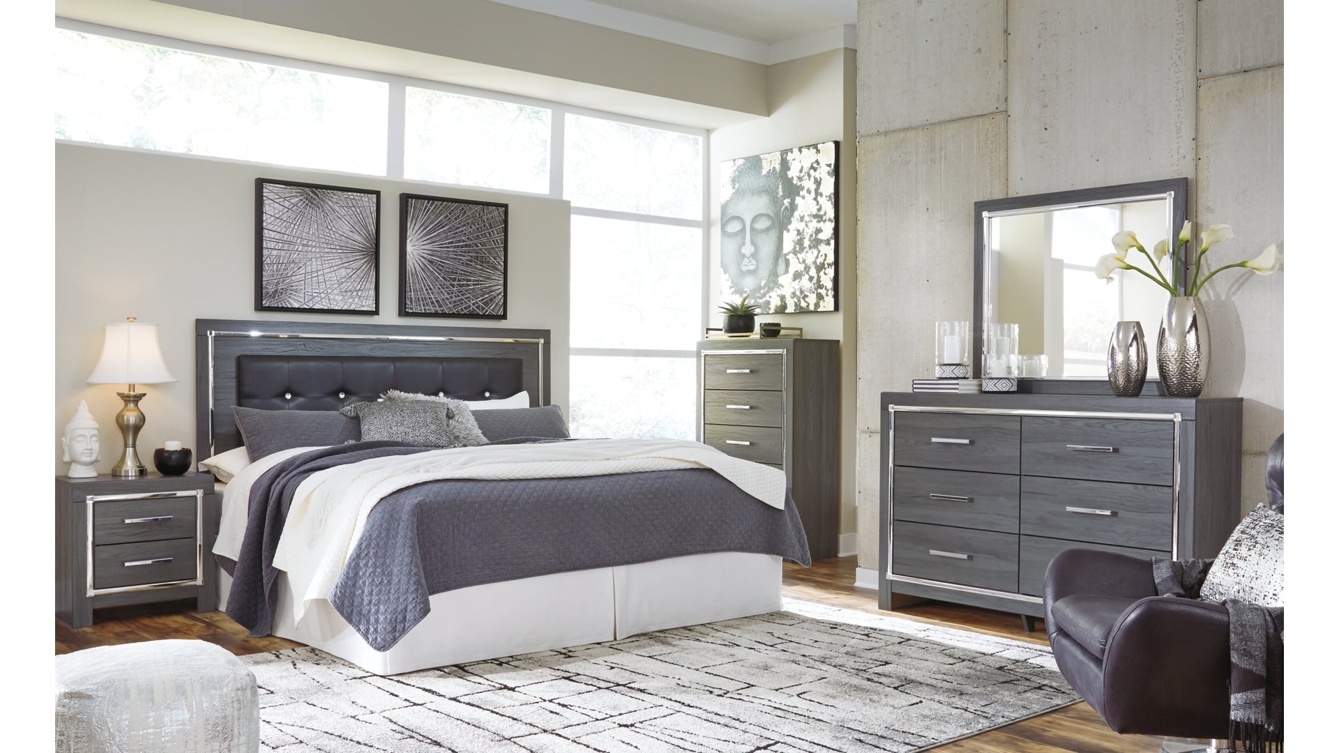 Lodanna King/California King Upholstered Panel Headboard Bed with Mirrored Dresser, Chest and Nightstand