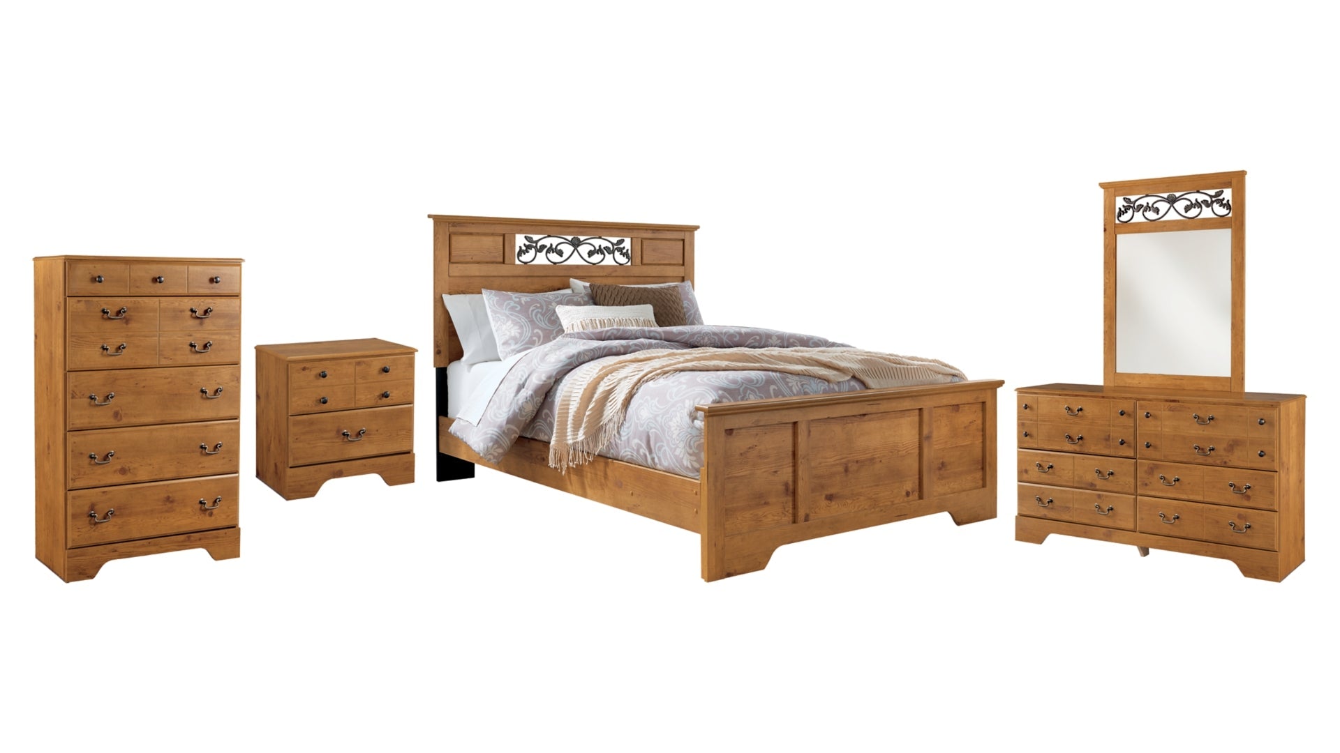 Bittersweet Queen Panel Bed with Mirrored Dresser, Chest and Nightstand