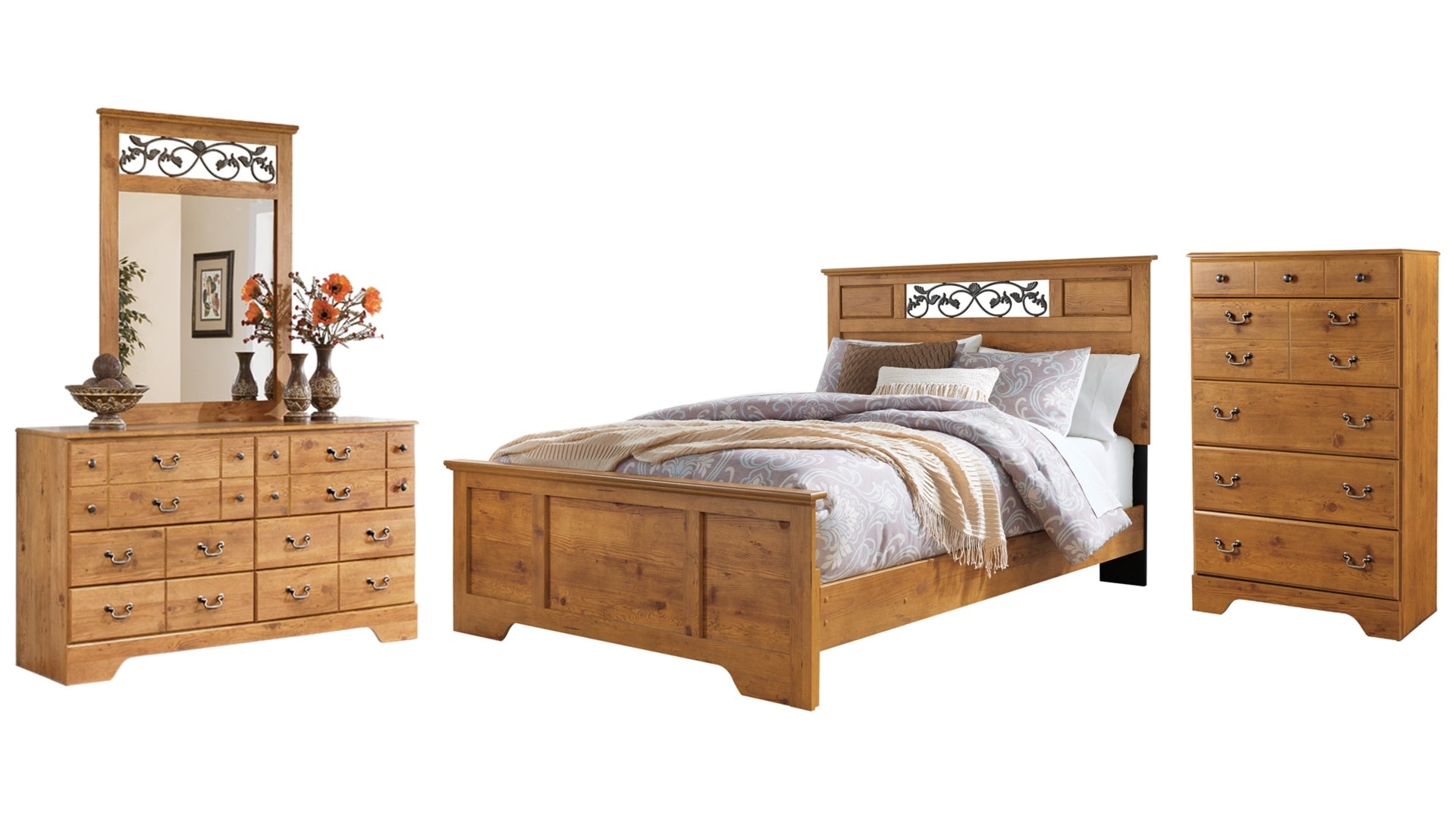 Bittersweet Queen Panel Bed with Mirrored Dresser and Chest