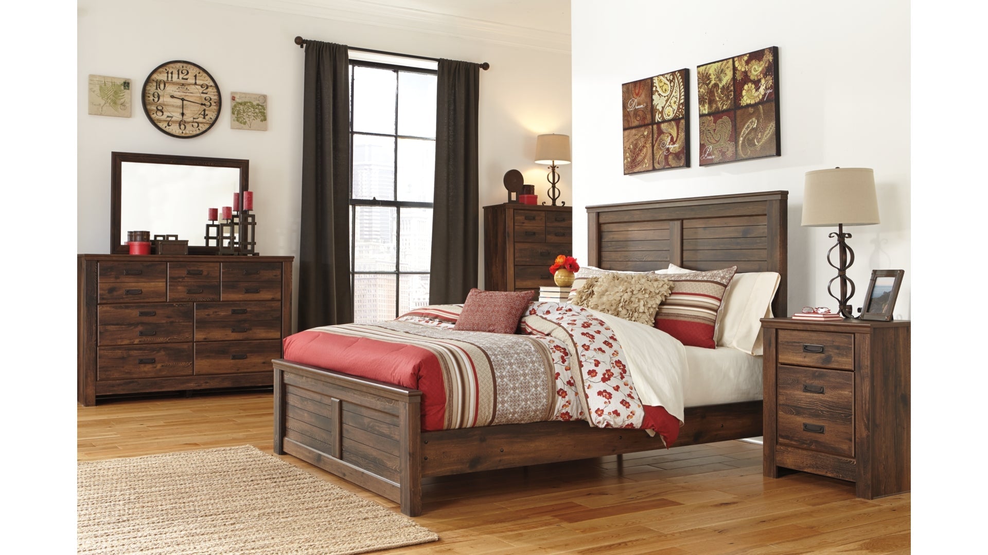 Quinden Queen Panel Bed with Mirrored Dresser, Chest and Nightstand