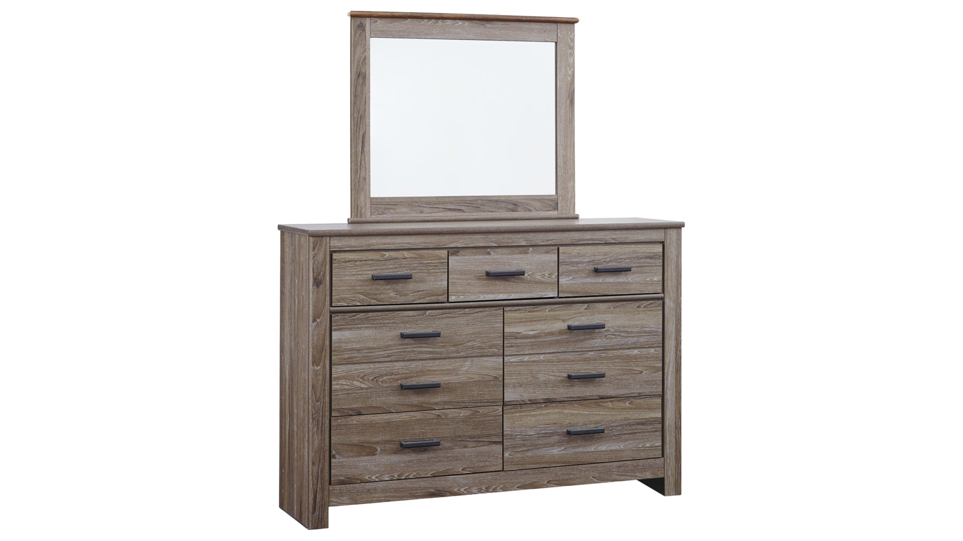 Zelen Queen/Full Panel Headboard Bed with Mirrored Dresser and Chest