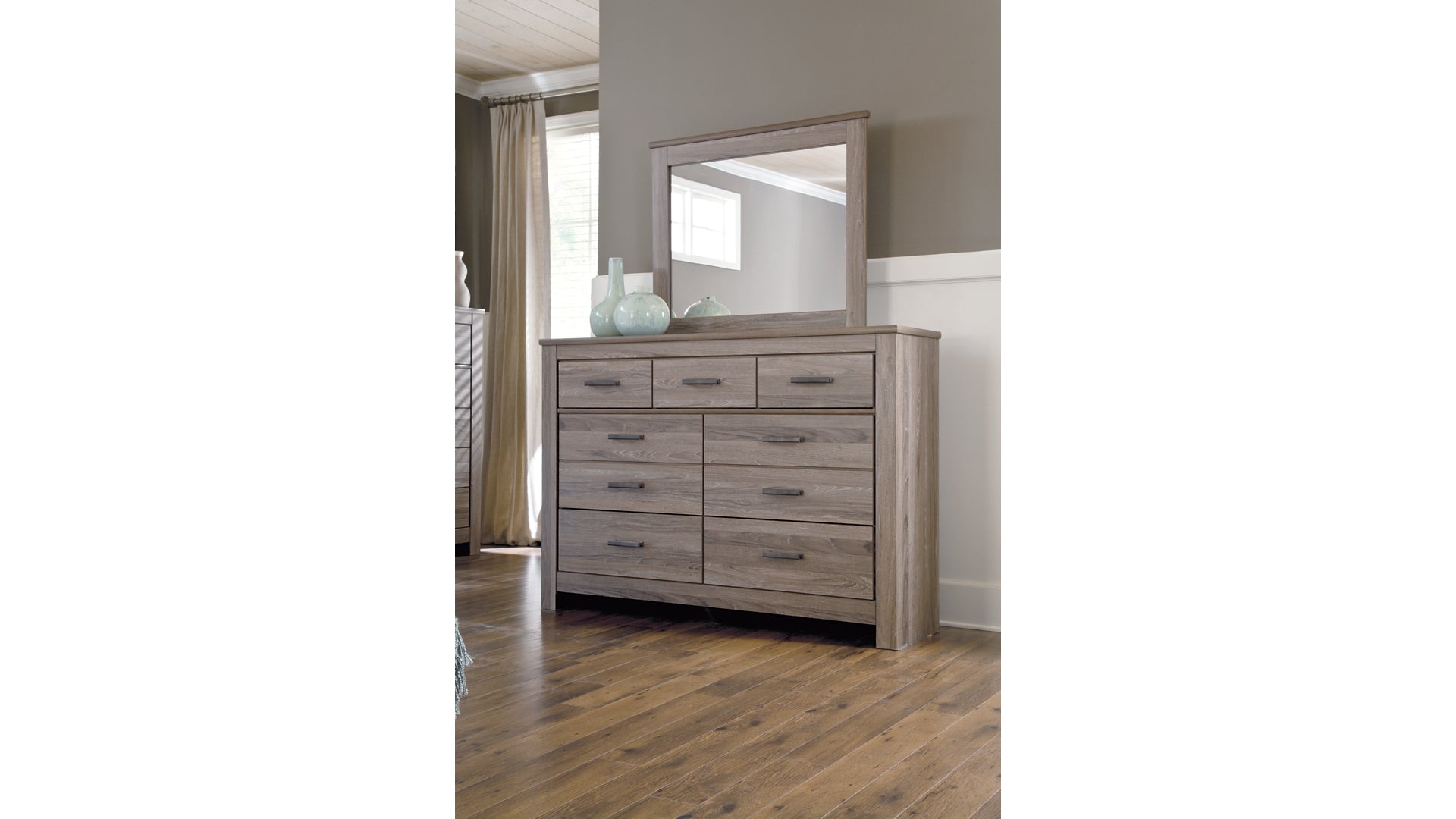 Zelen King/California King Panel Headboard Bed with Mirrored Dresser, Chest and Nightstand