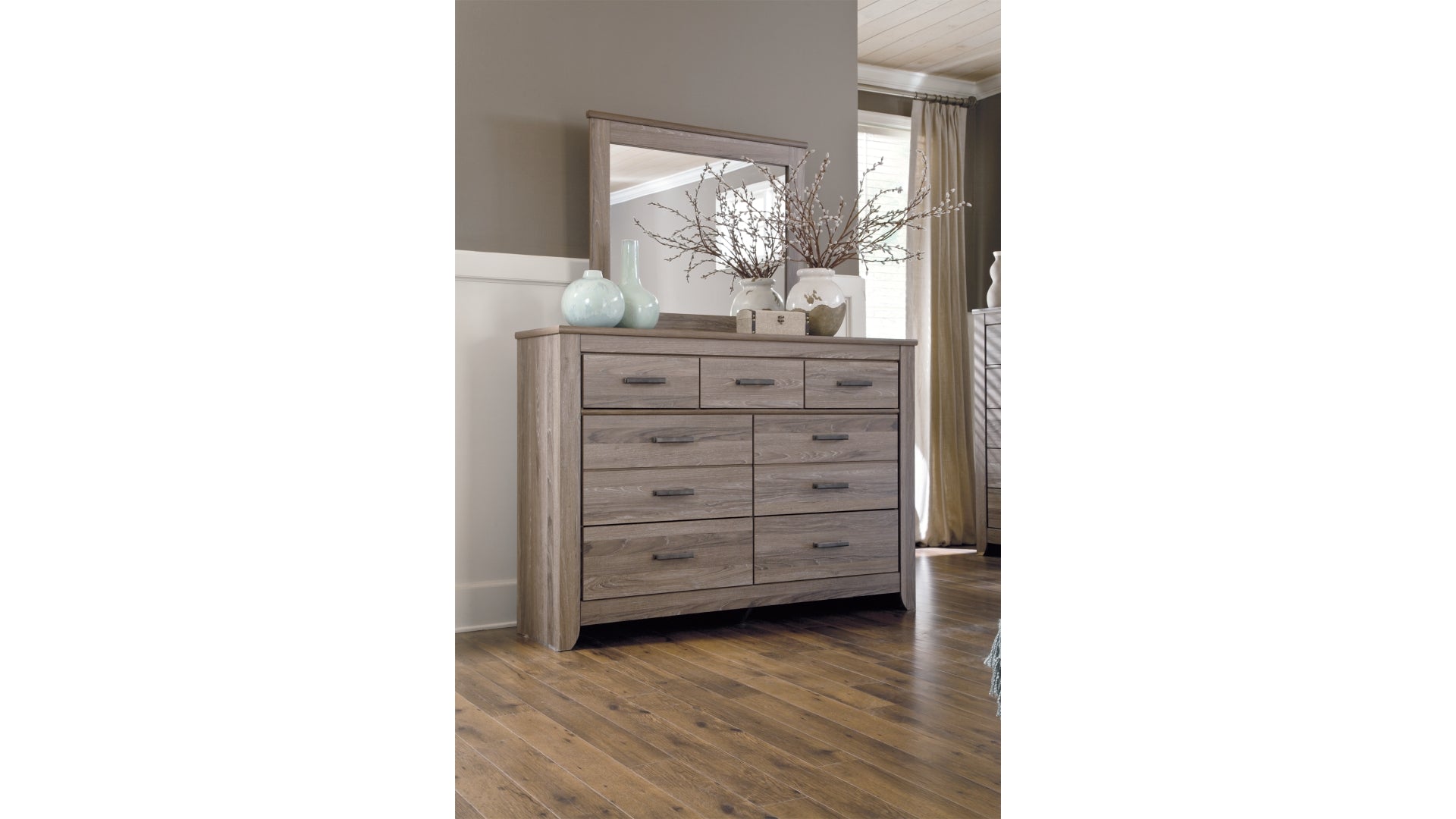 Zelen King Panel Bed with Mirrored Dresser and Chest