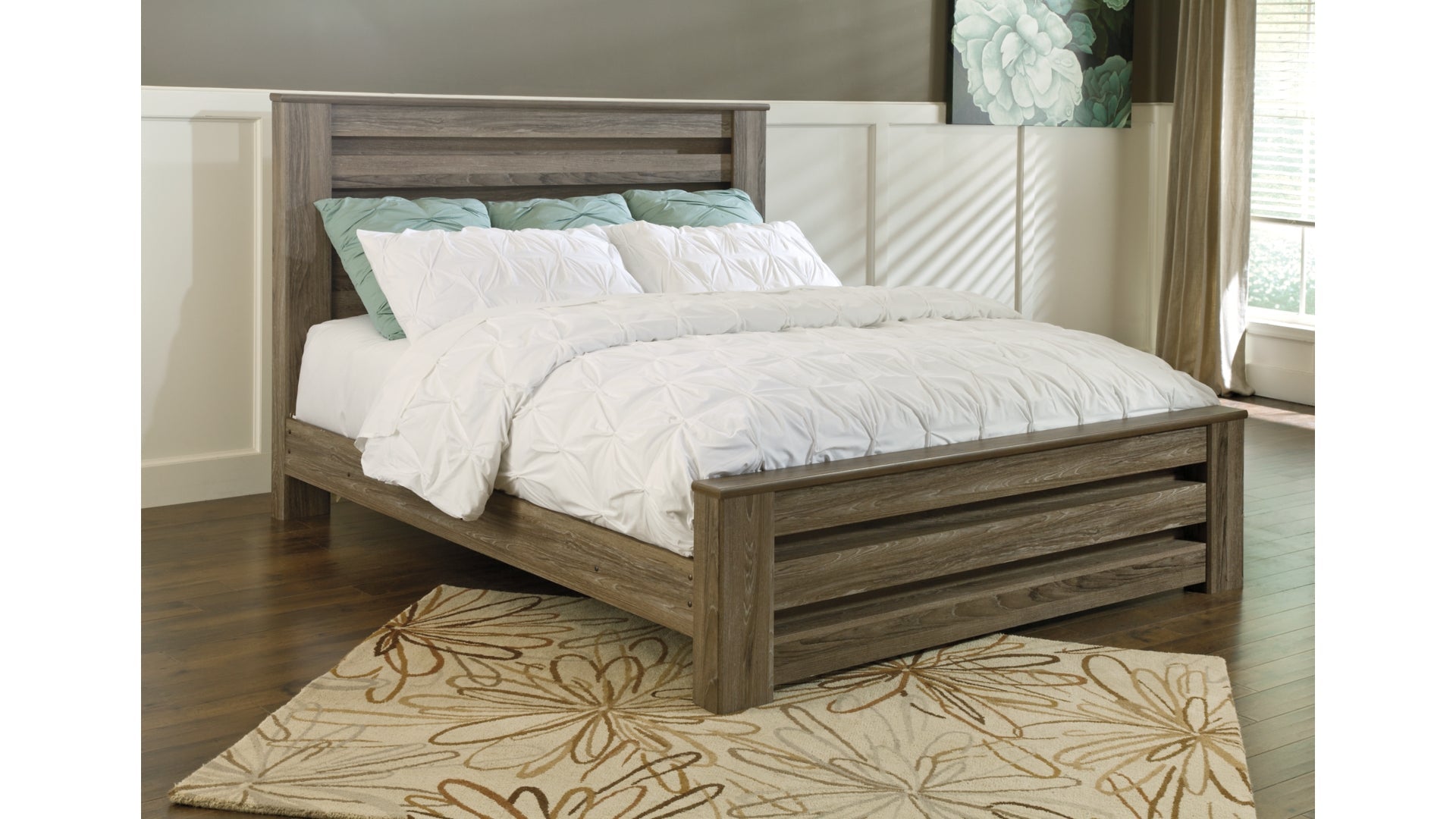 Zelen King Panel Bed with Mirrored Dresser and Chest