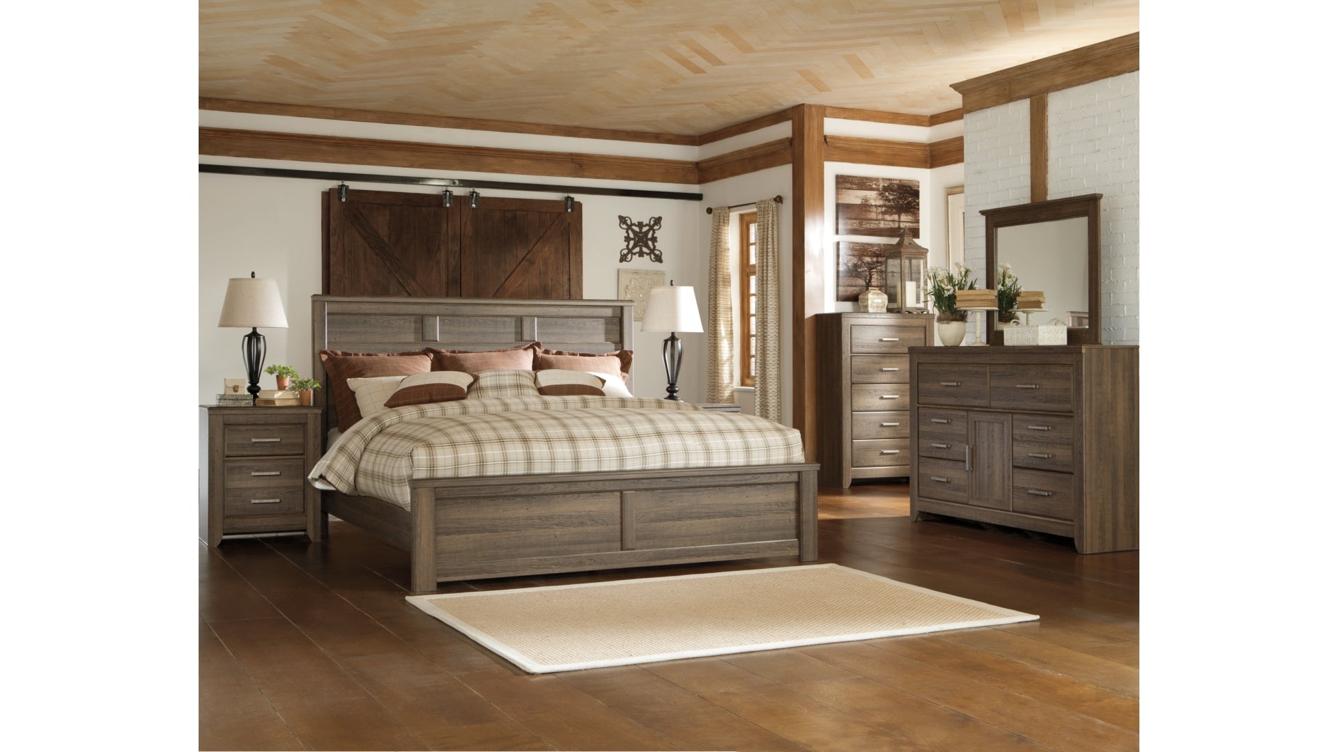 Juararo King Panel Bed with Mirrored Dresser, Chest and Nightstand