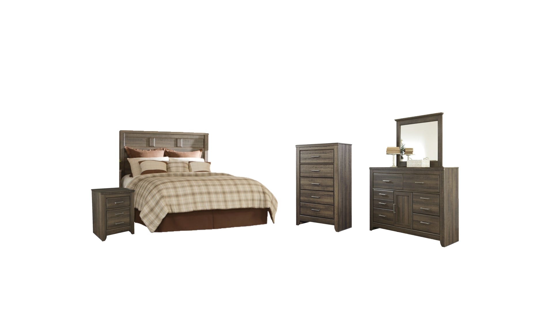 Juararo Queen Panel Headboard Bed with Mirrored Dresser, Chest and Nightstand