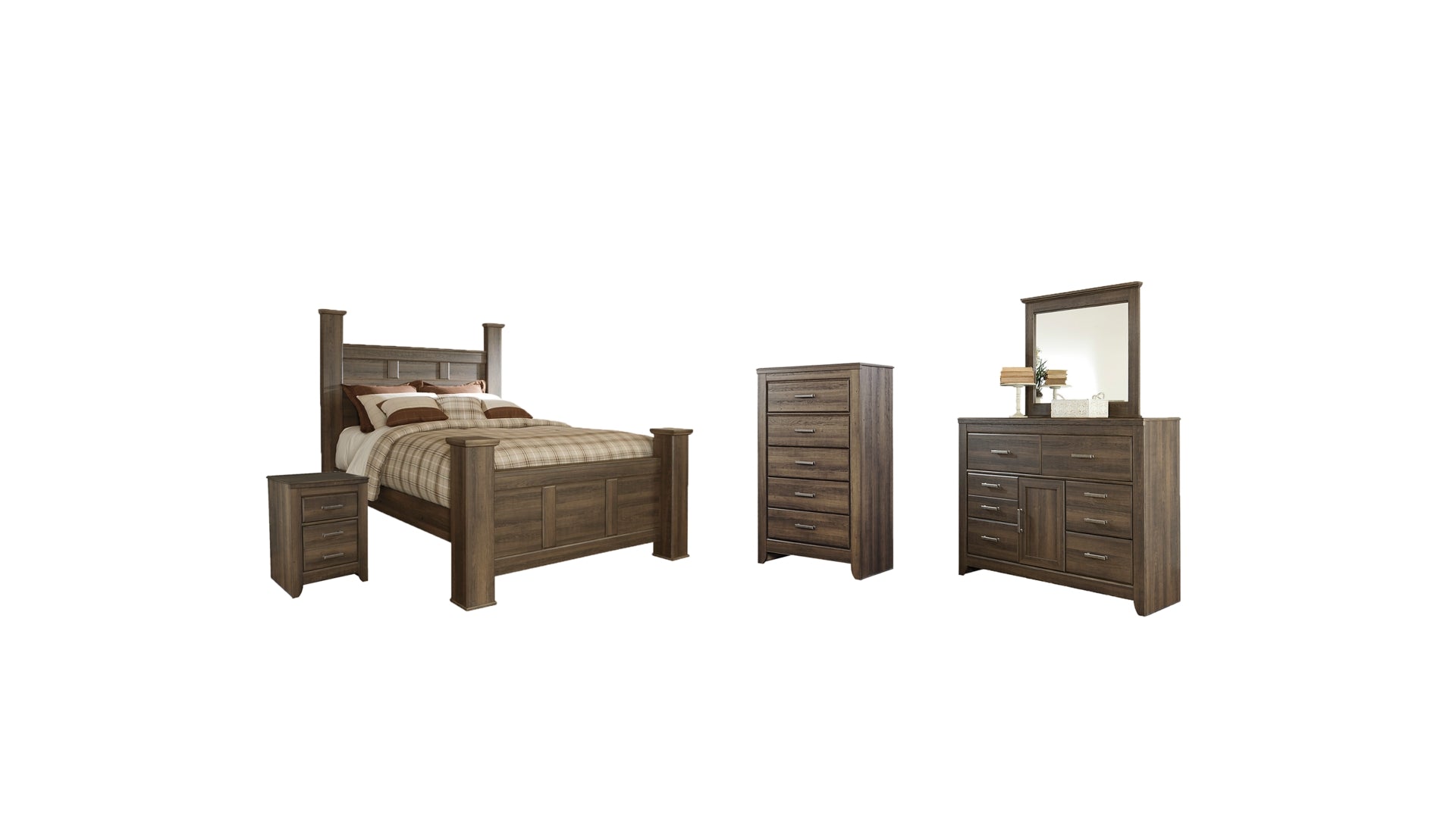 Juararo Queen Poster Bed with Mirrored Dresser, Chest and Nightstand