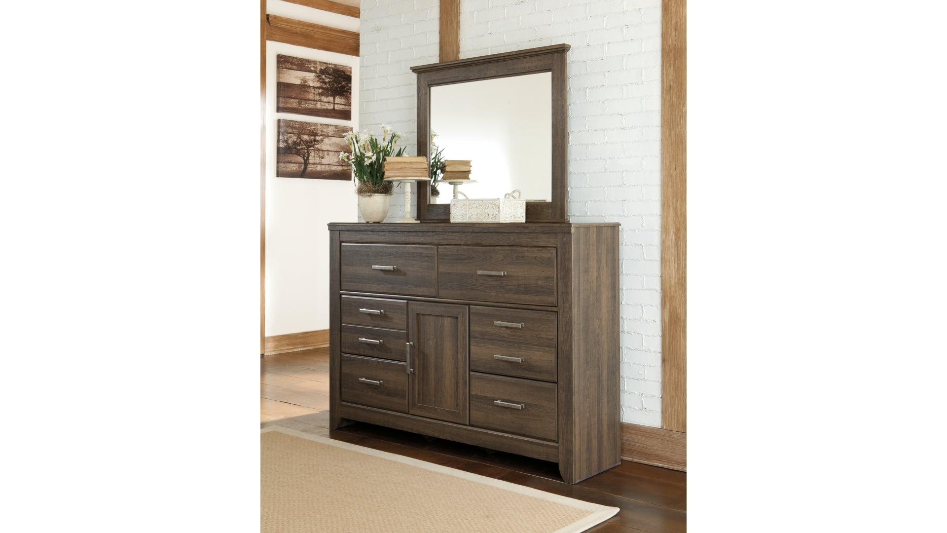 Juararo King/California King Panel Headboard Bed with Mirrored Dresser, Chest and Nightstand