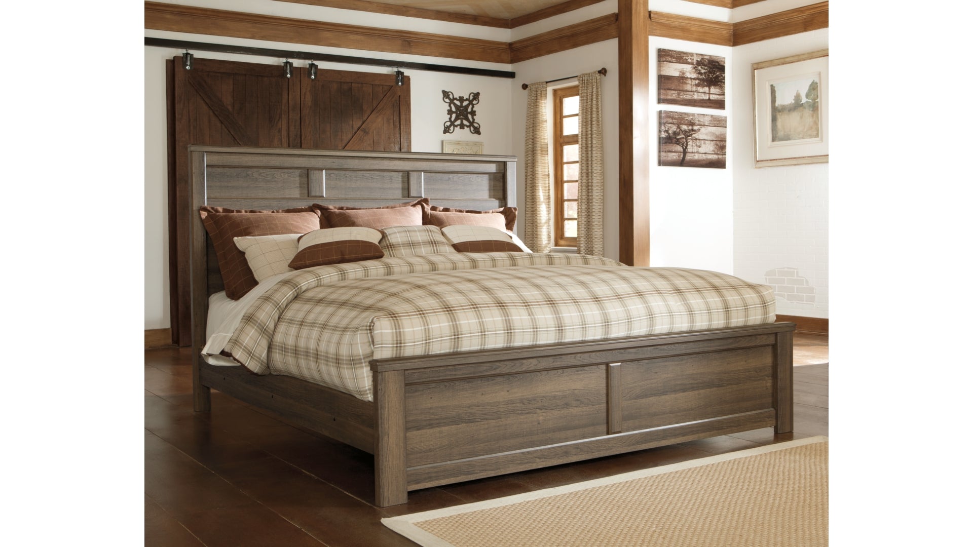 Juararo California King Panel Bed with Mirrored Dresser, Chest and Nightstand