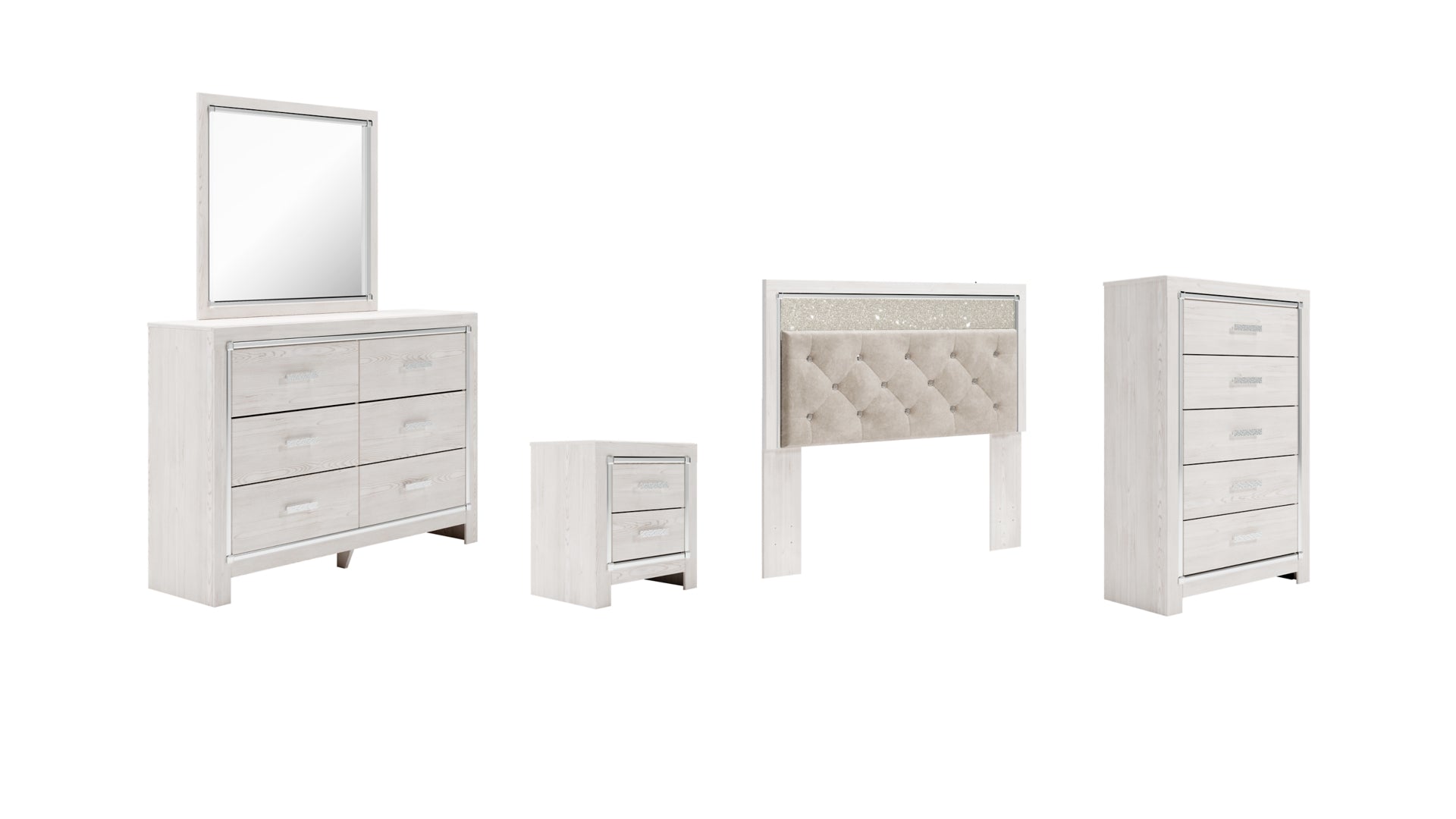 Altyra Queen Panel Headboard Bed with Mirrored Dresser, Chest and Nightstand