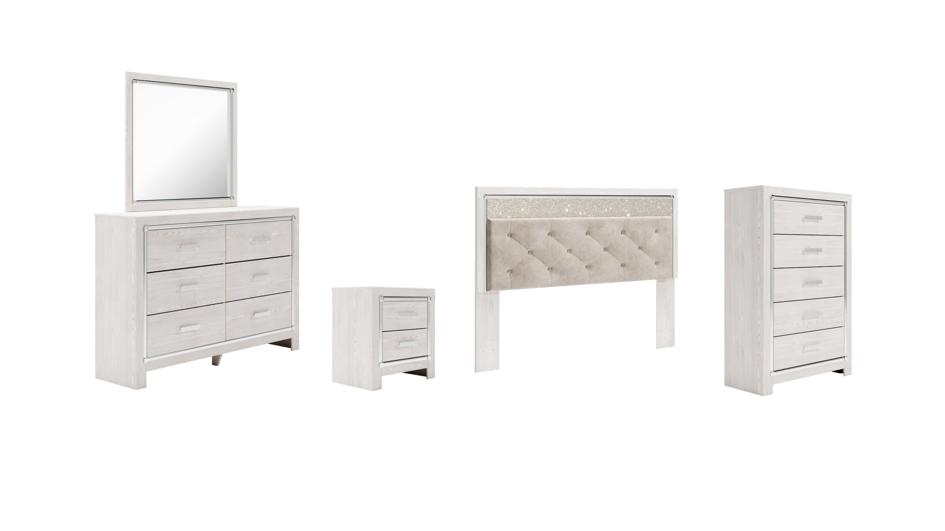 Altyra King Panel Headboard Bed with Mirrored Dresser, Chest and Nightstand