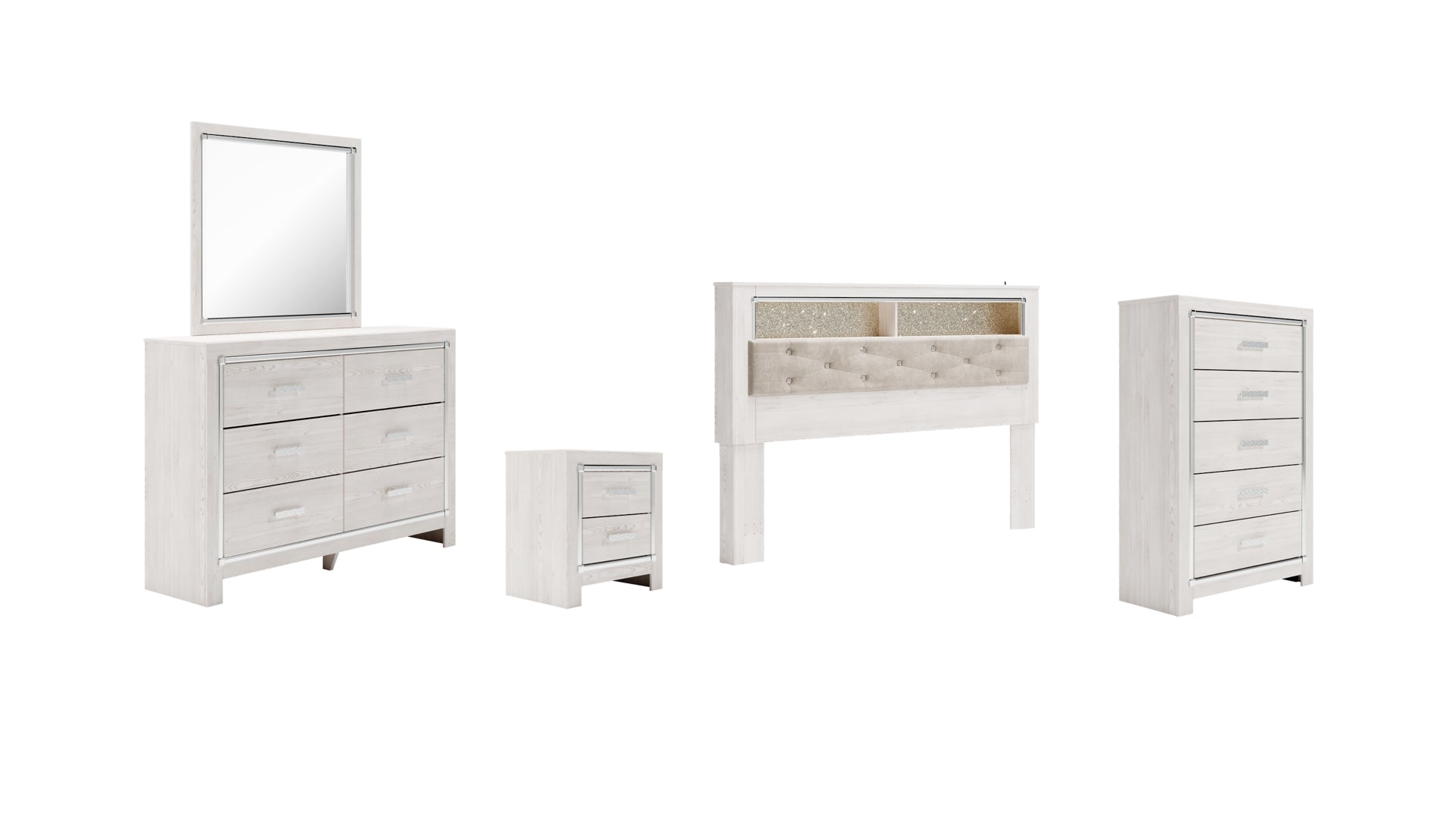 Altyra King Bookcase Headboard Bed with Mirrored Dresser, Chest and Nightstand