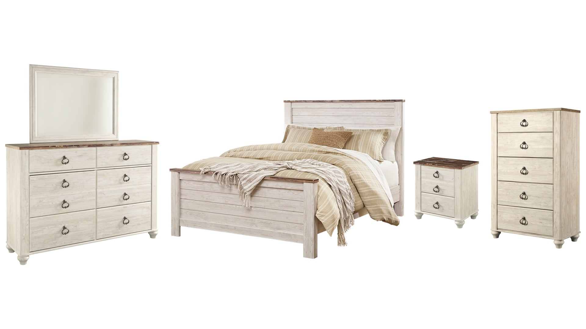 Willowton Queen Panel Bed with Mirrored Dresser, Chest and Nightstand