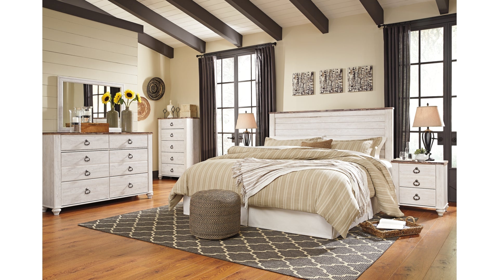 Willowton King/California King Panel Headboard Bed with Mirrored Dresser, Chest and Nightstand