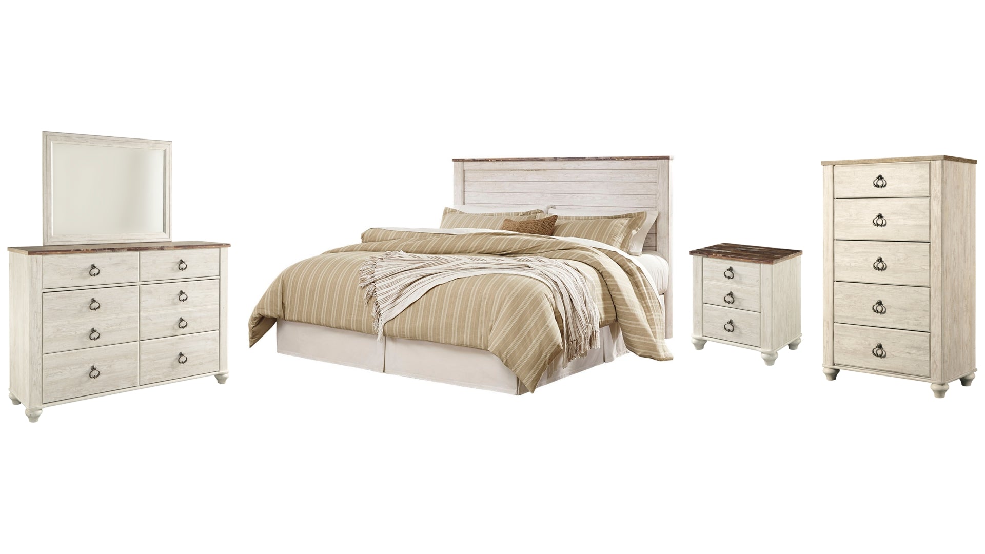 Willowton King/California King Panel Headboard Bed with Mirrored Dresser, Chest and Nightstand