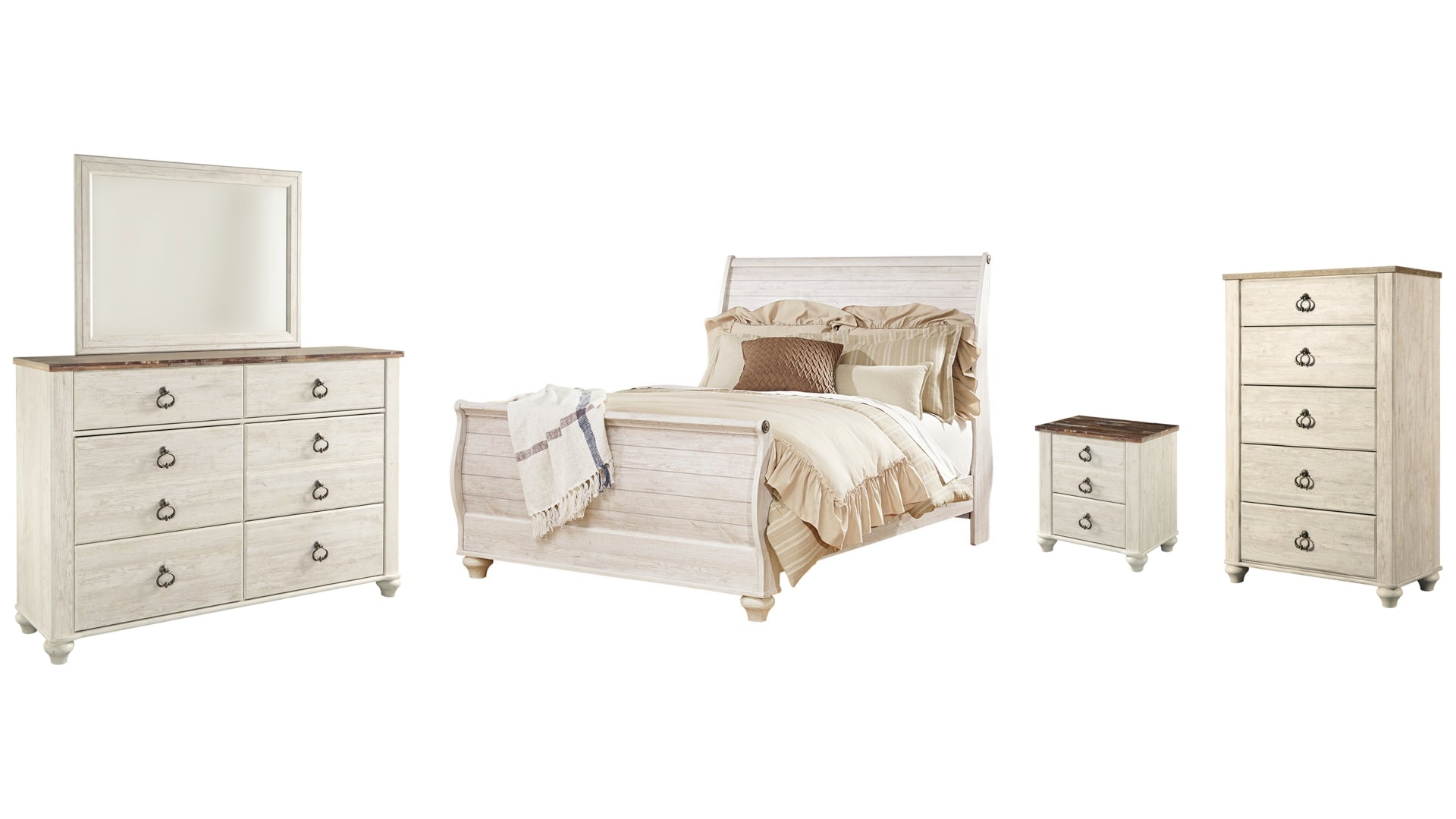 Willowton Queen Sleigh Bed with Mirrored Dresser, Chest and Nightstand