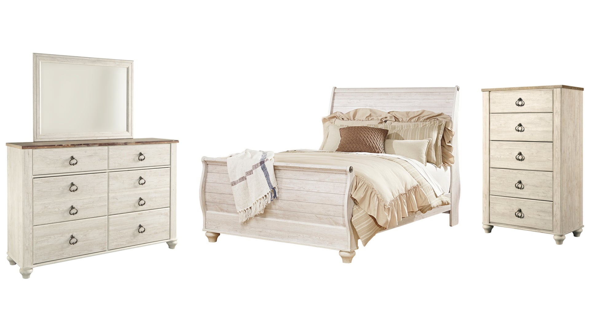 Willowton Queen Sleigh Bed with Mirrored Dresser and Chest