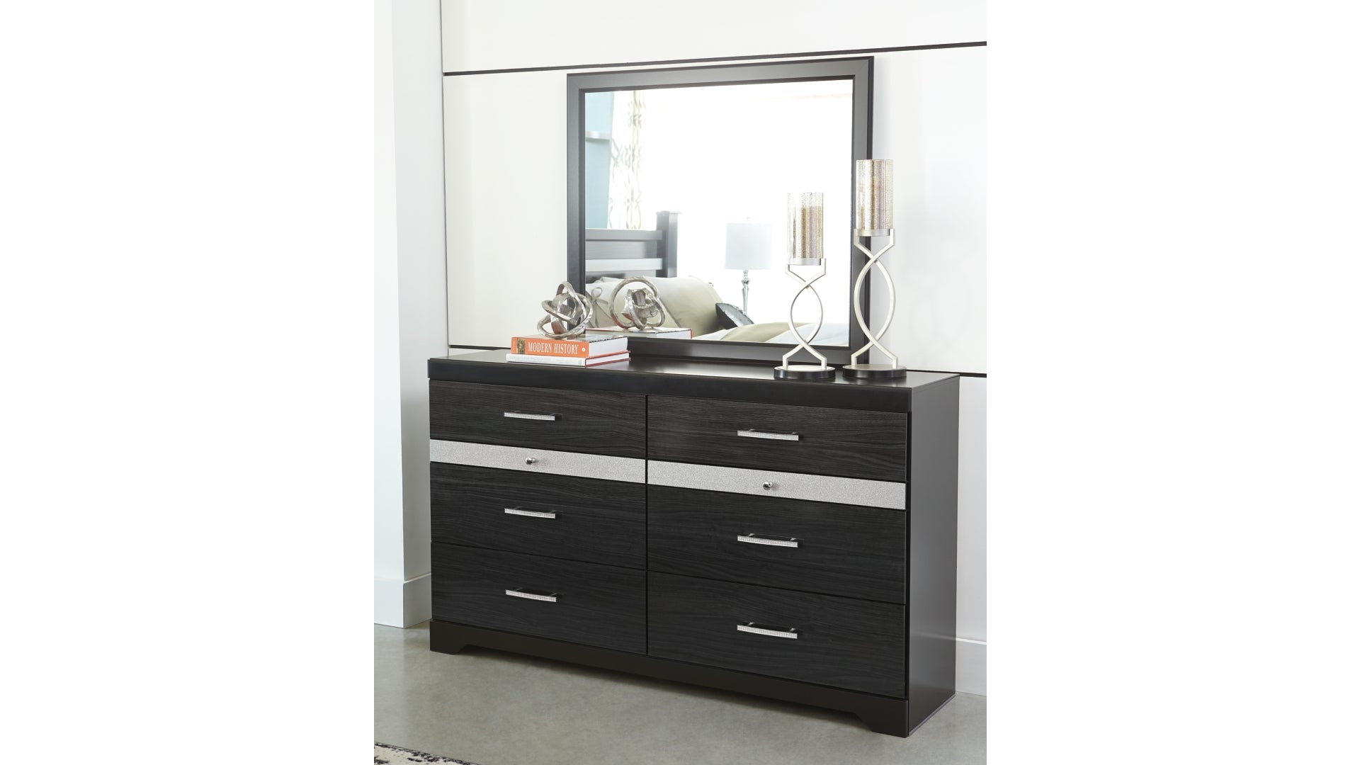 Starberry King Panel Bed with 2 Storage Drawers with Mirrored Dresser and Chest