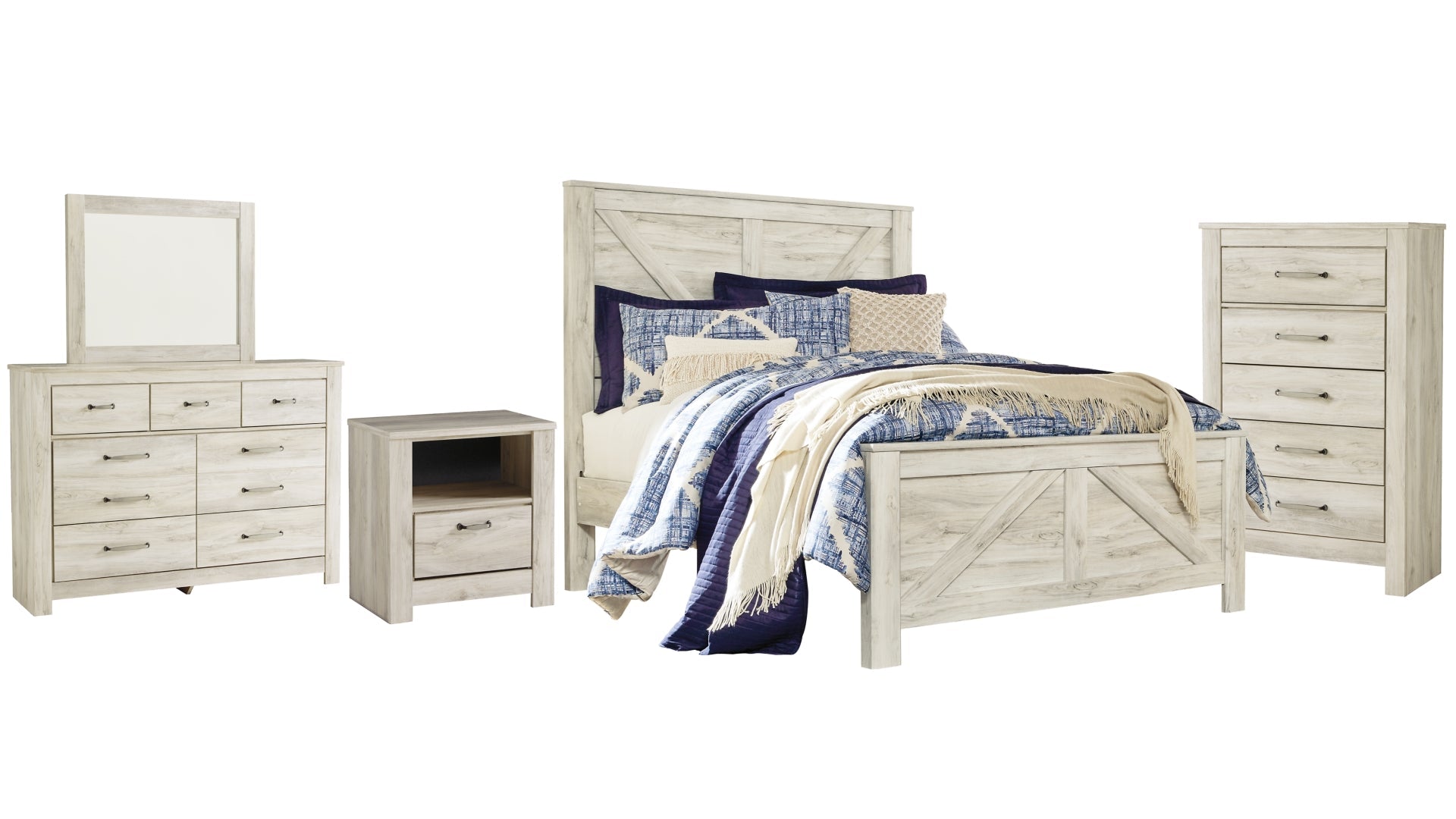 Bellaby Queen Crossbuck Panel Bed with Mirrored Dresser, Chest and Nightstand