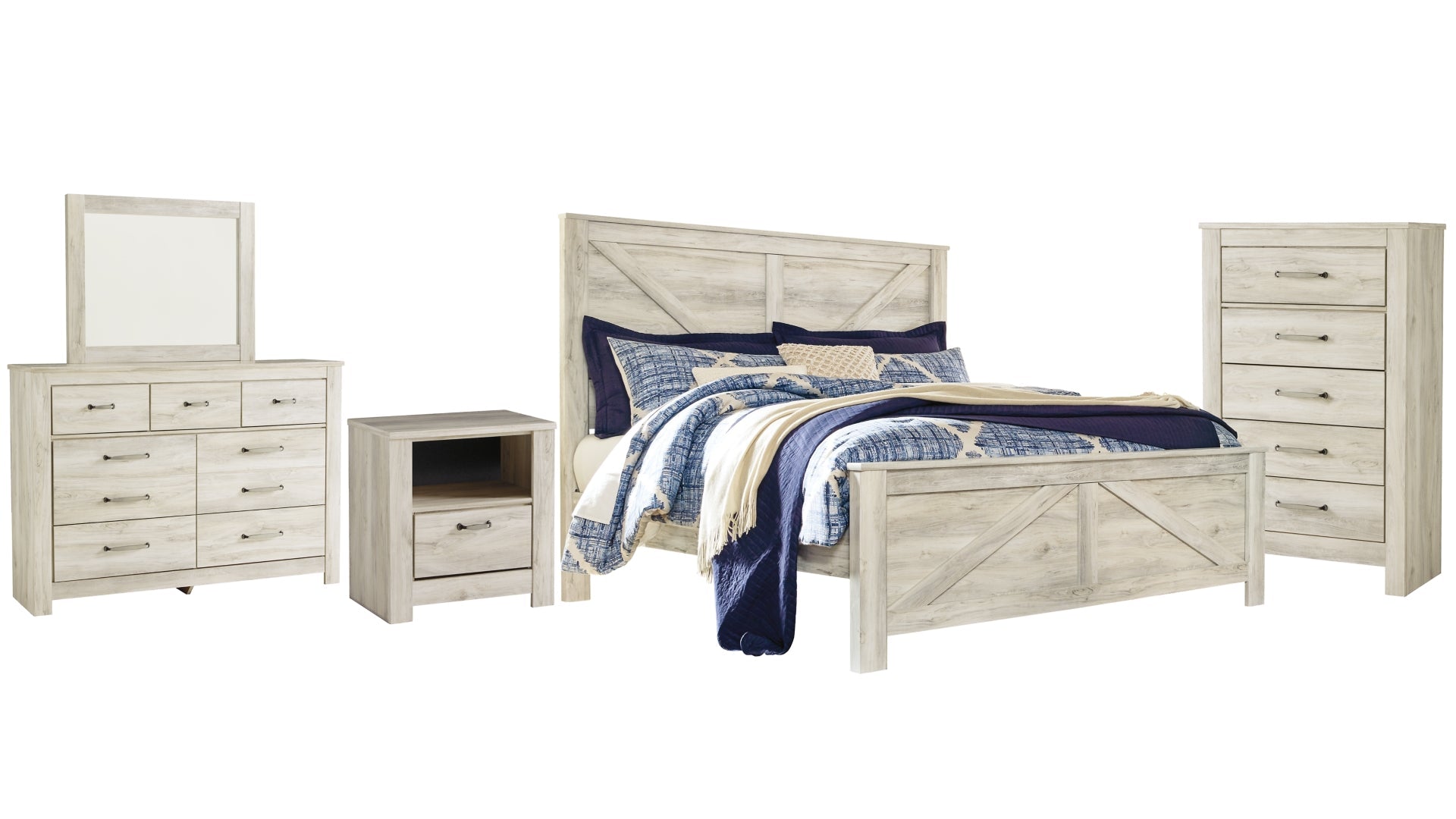 Bellaby King Crossbuck Panel Bed with Mirrored Dresser, Chest and Nightstand