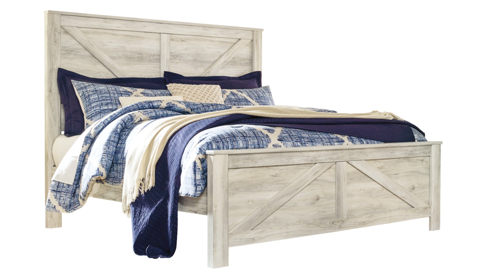 Bellaby King Crossbuck Panel Bed with Mirrored Dresser and Chest