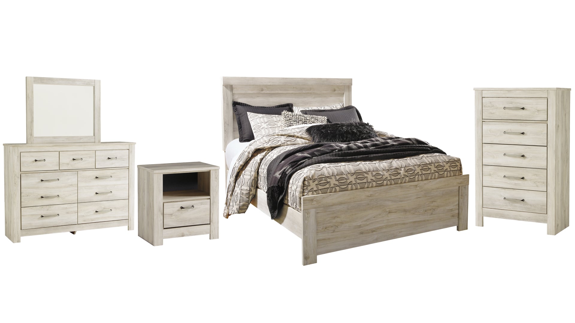 Bellaby Queen Panel Bed with Mirrored Dresser, Chest and Nightstand