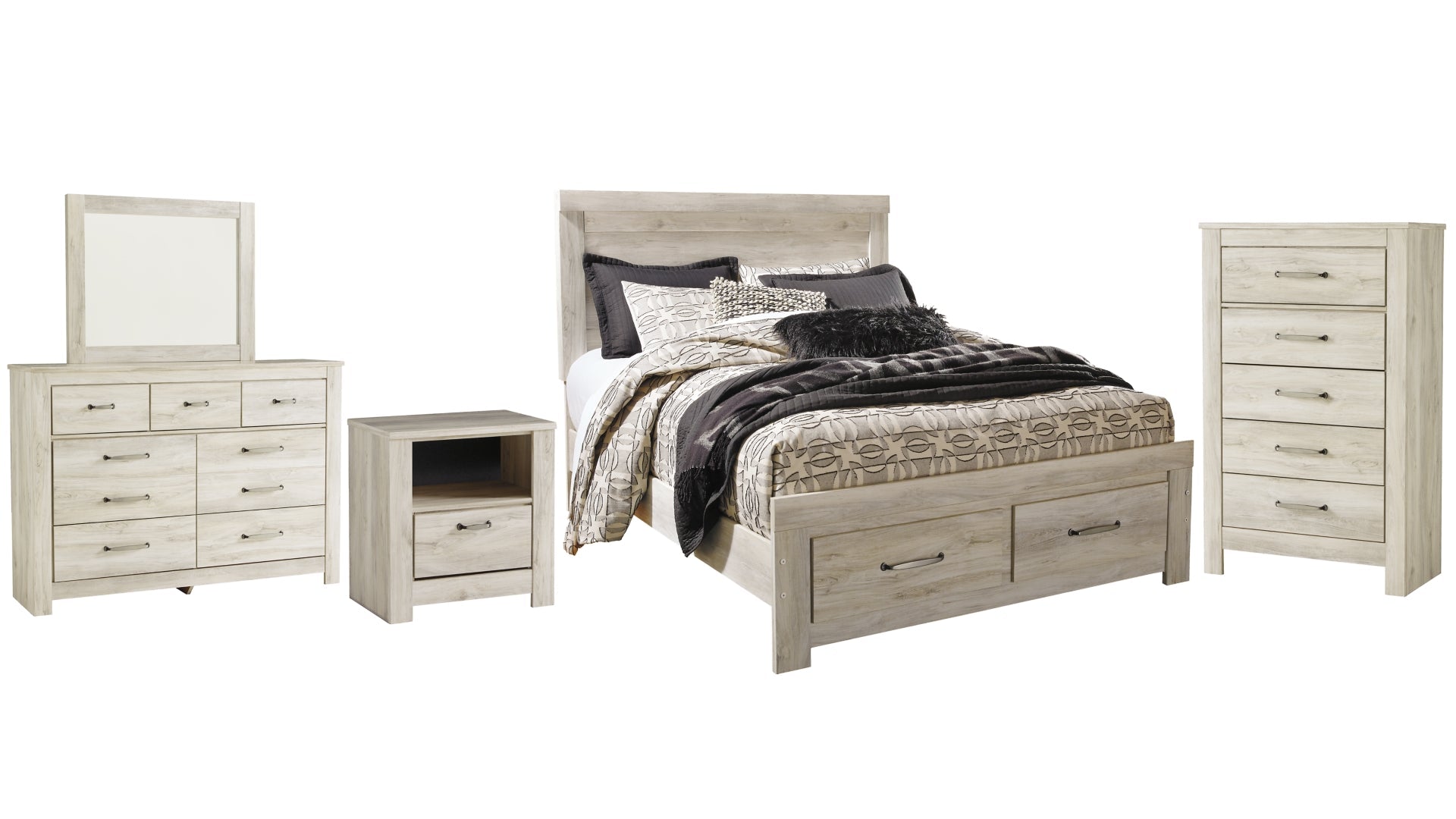 Bellaby Queen Platform Bed with 2 Storage Drawers with Mirrored Dresser, Chest and Nightstand