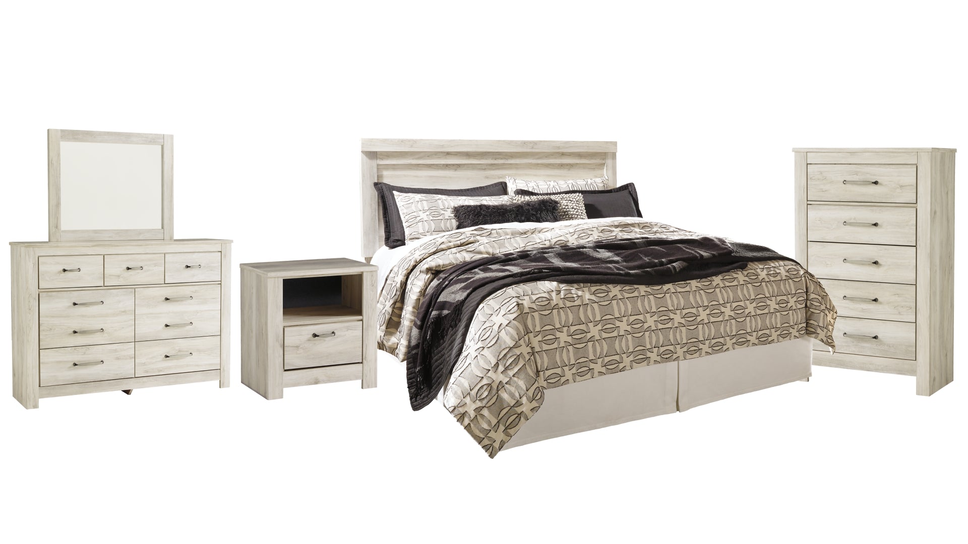 Bellaby King Panel Headboard Bed with Mirrored Dresser, Chest and Nightstand