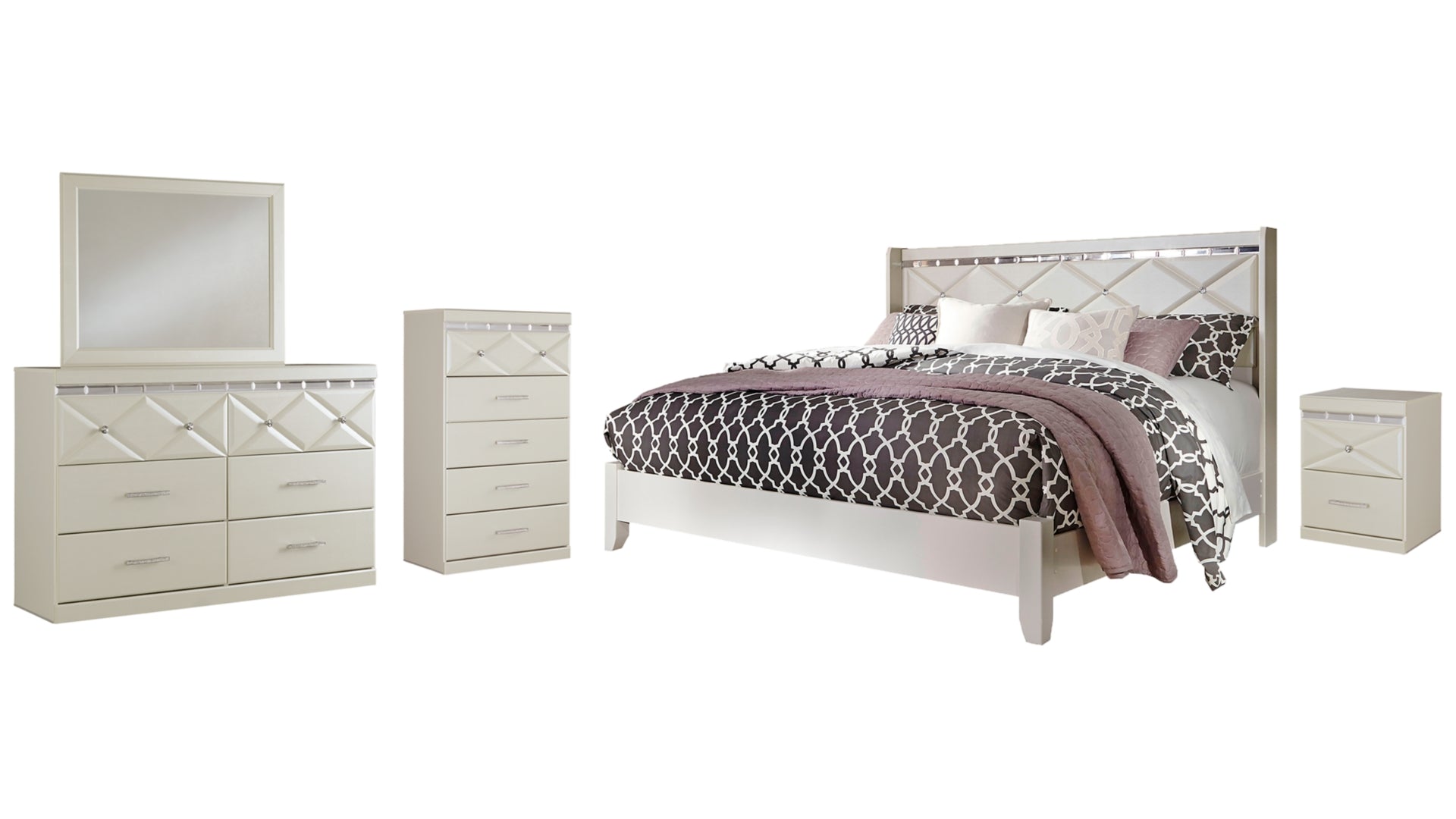 Dreamur King Panel Bed with Mirrored Dresser, Chest and Nightstand