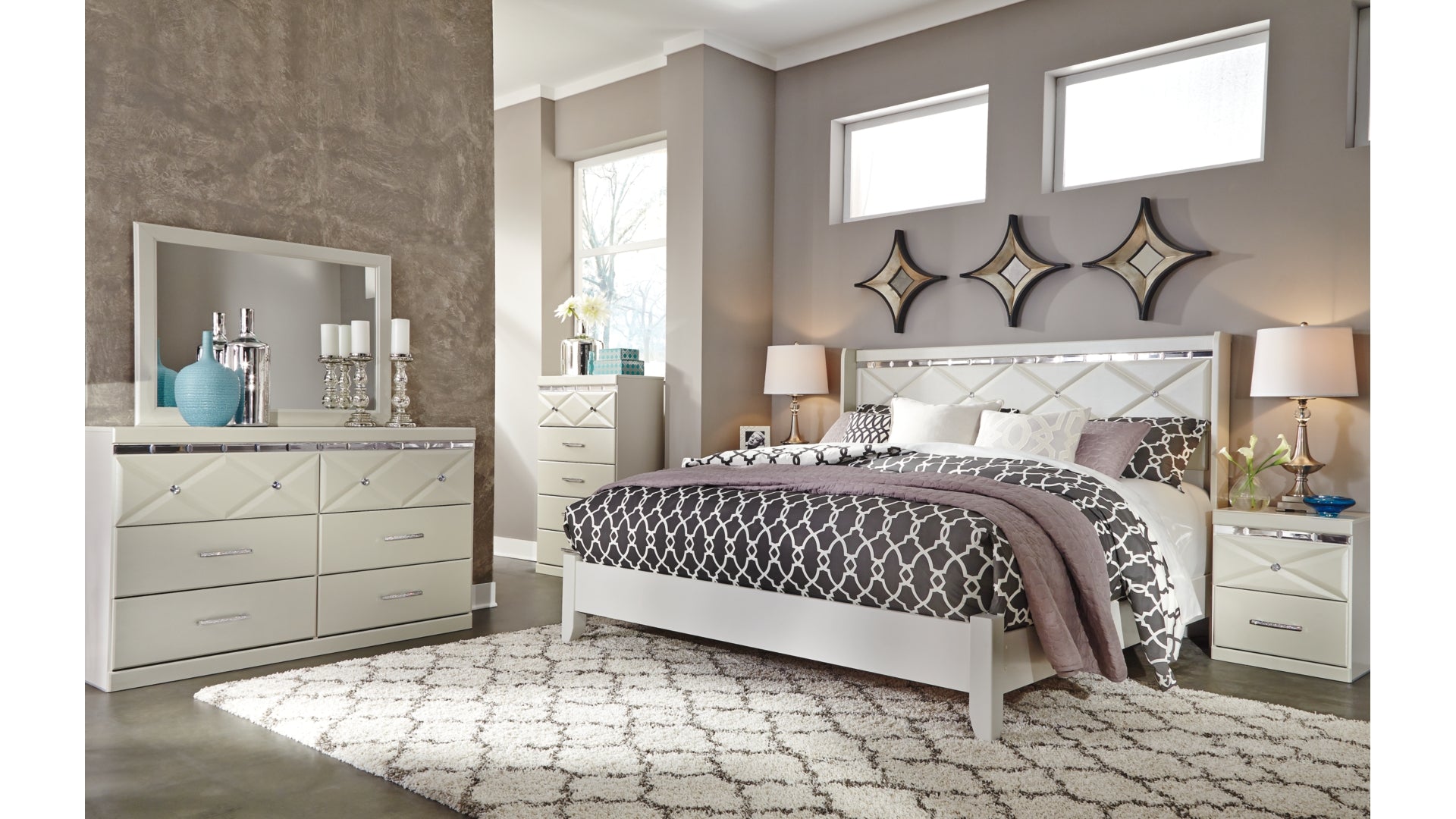 Dreamur King Panel Bed with Mirrored Dresser, Chest and Nightstand