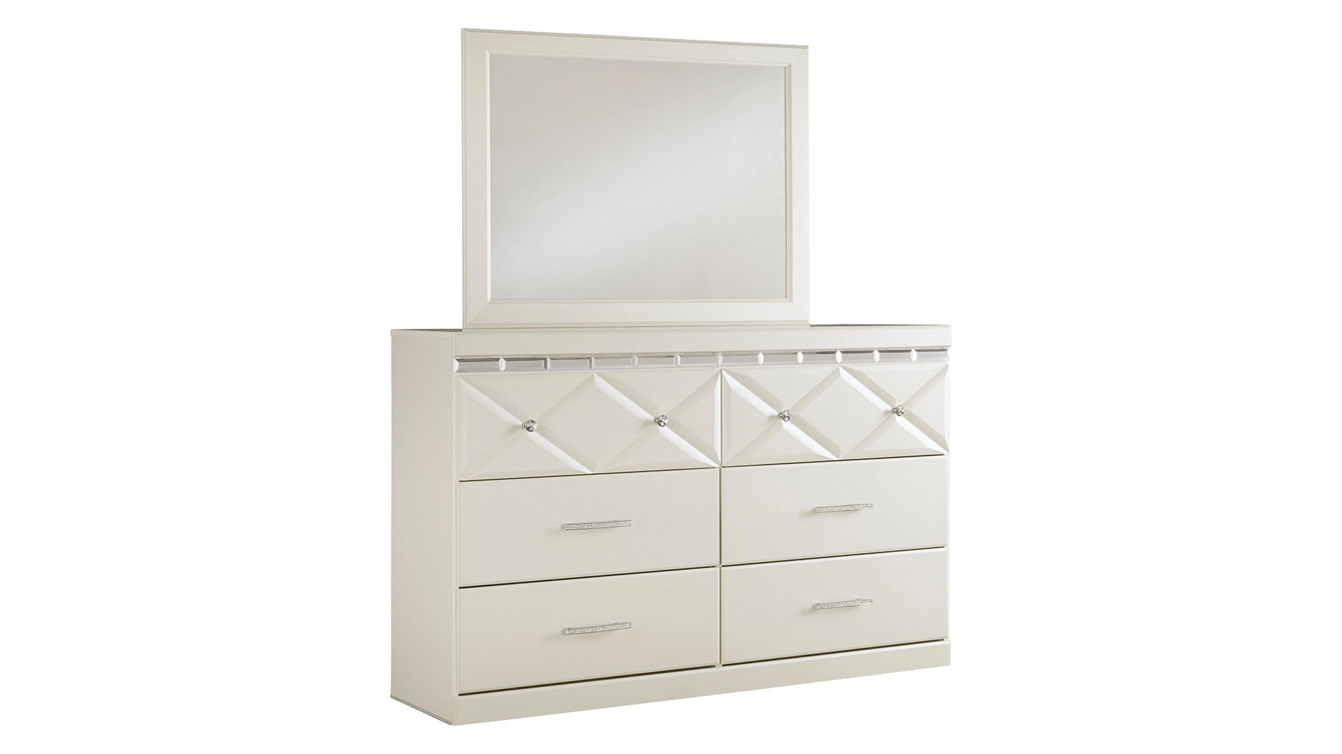 Dreamur King Panel Bed with Mirrored Dresser, Chest and Nightstand