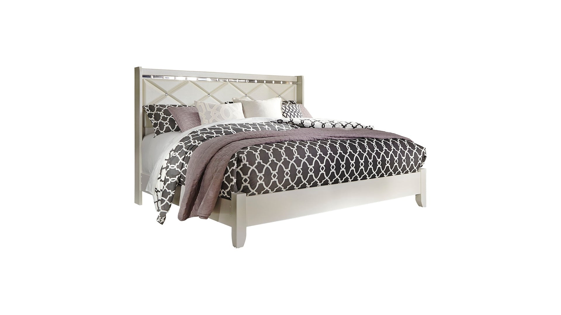 Dreamur King Panel Bed with Mirrored Dresser, Chest and Nightstand