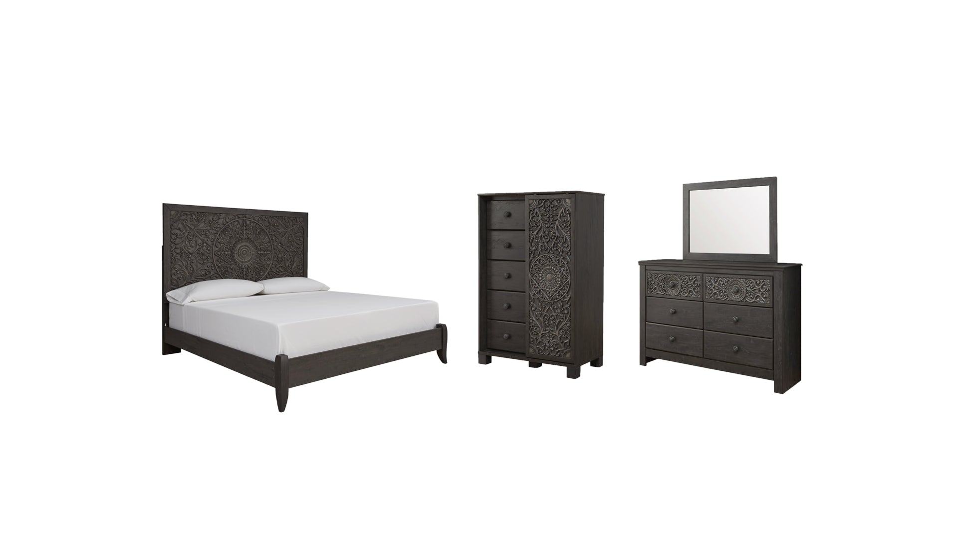 Paxberry King Panel Bed with Mirrored Dresser and Chest